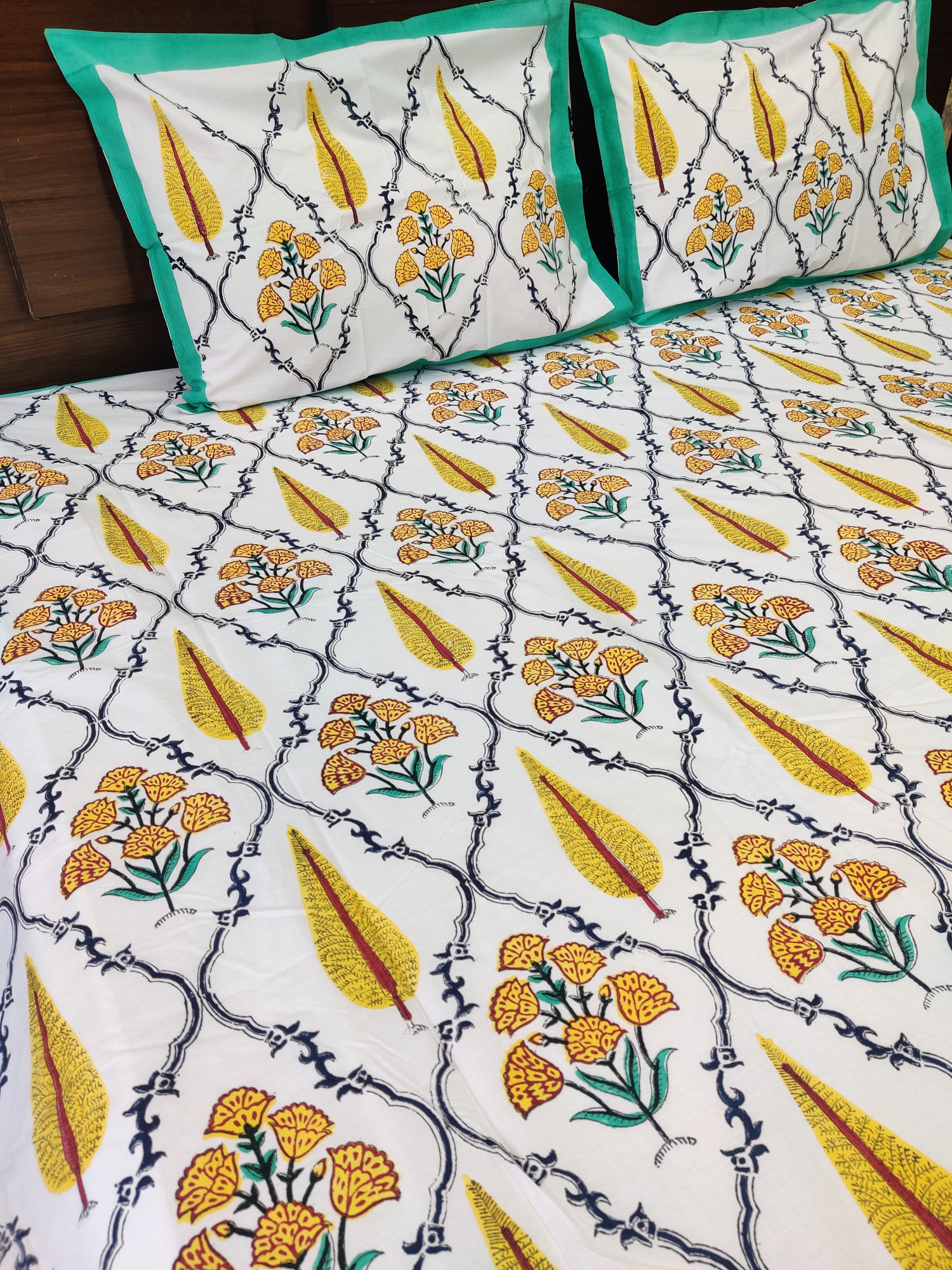 Jaipuri Block Print Bedsheet - Yellow Fern Jaal Hand Block Print Cotton King Size