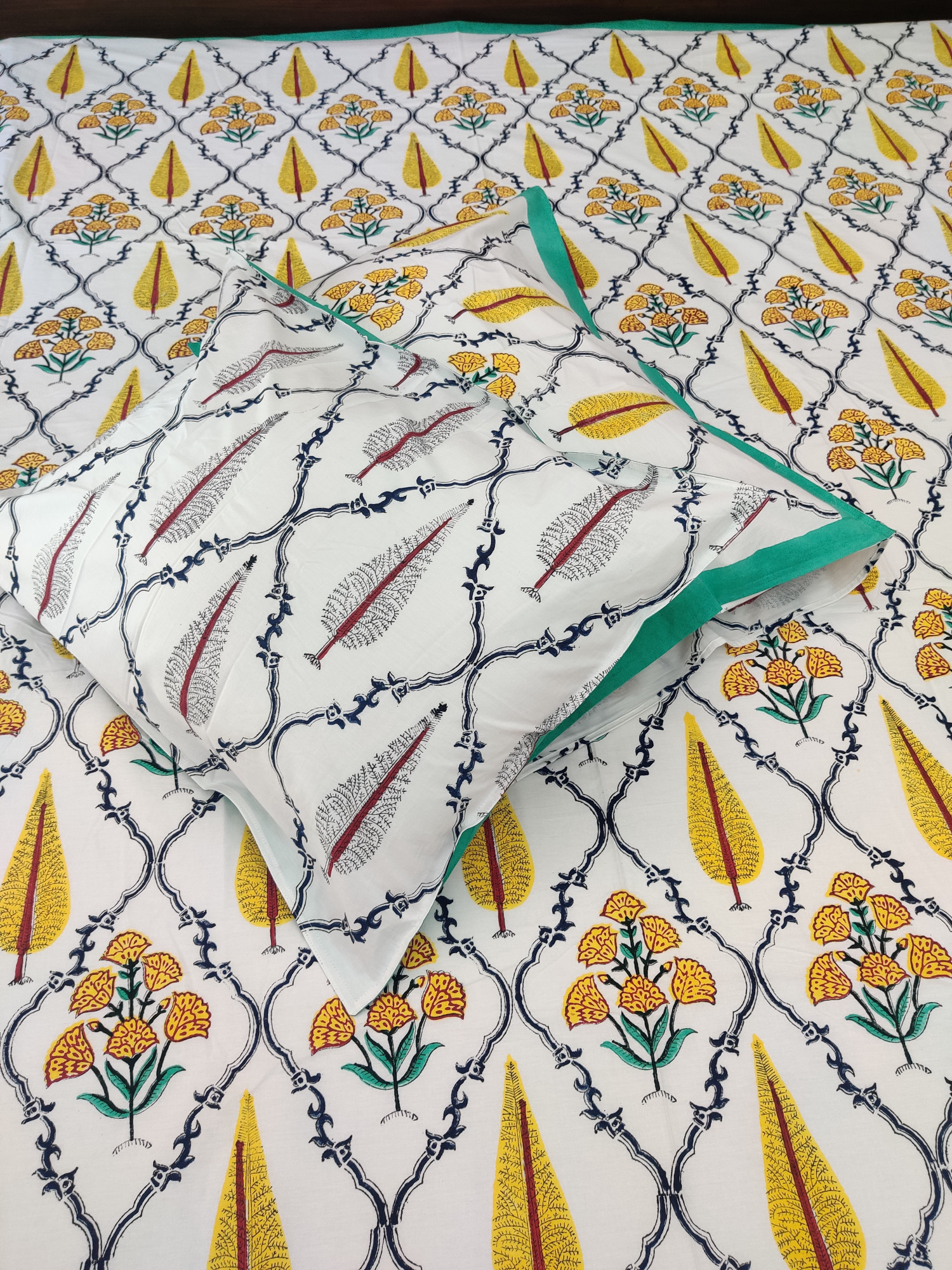 Jaipuri Block Print Bedsheet - Yellow Fern Jaal Hand Block Print Cotton King Size