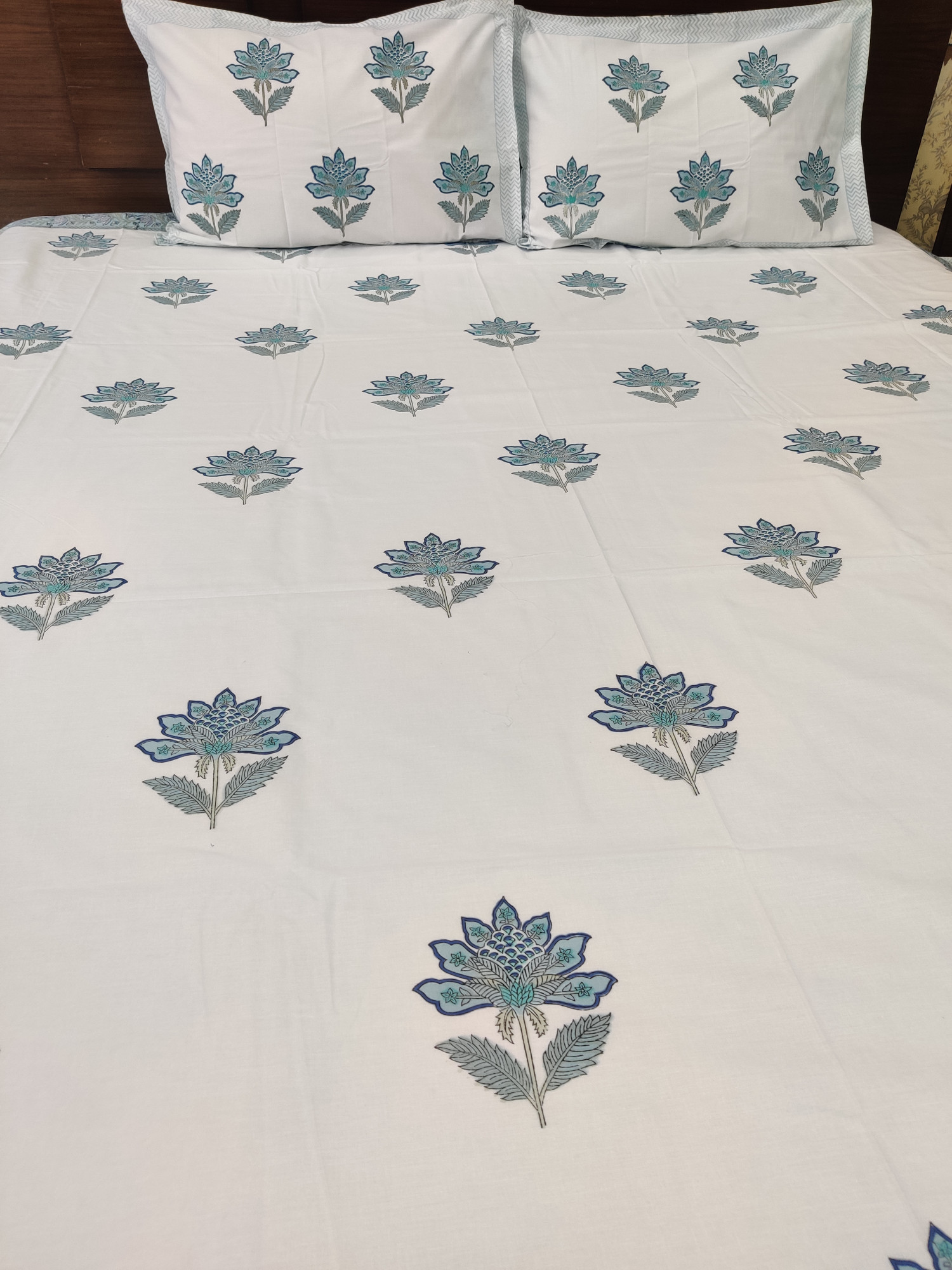 Jaipuri Block Print Bedsheet - Blue Jaal Hand Block Print Cotton Double