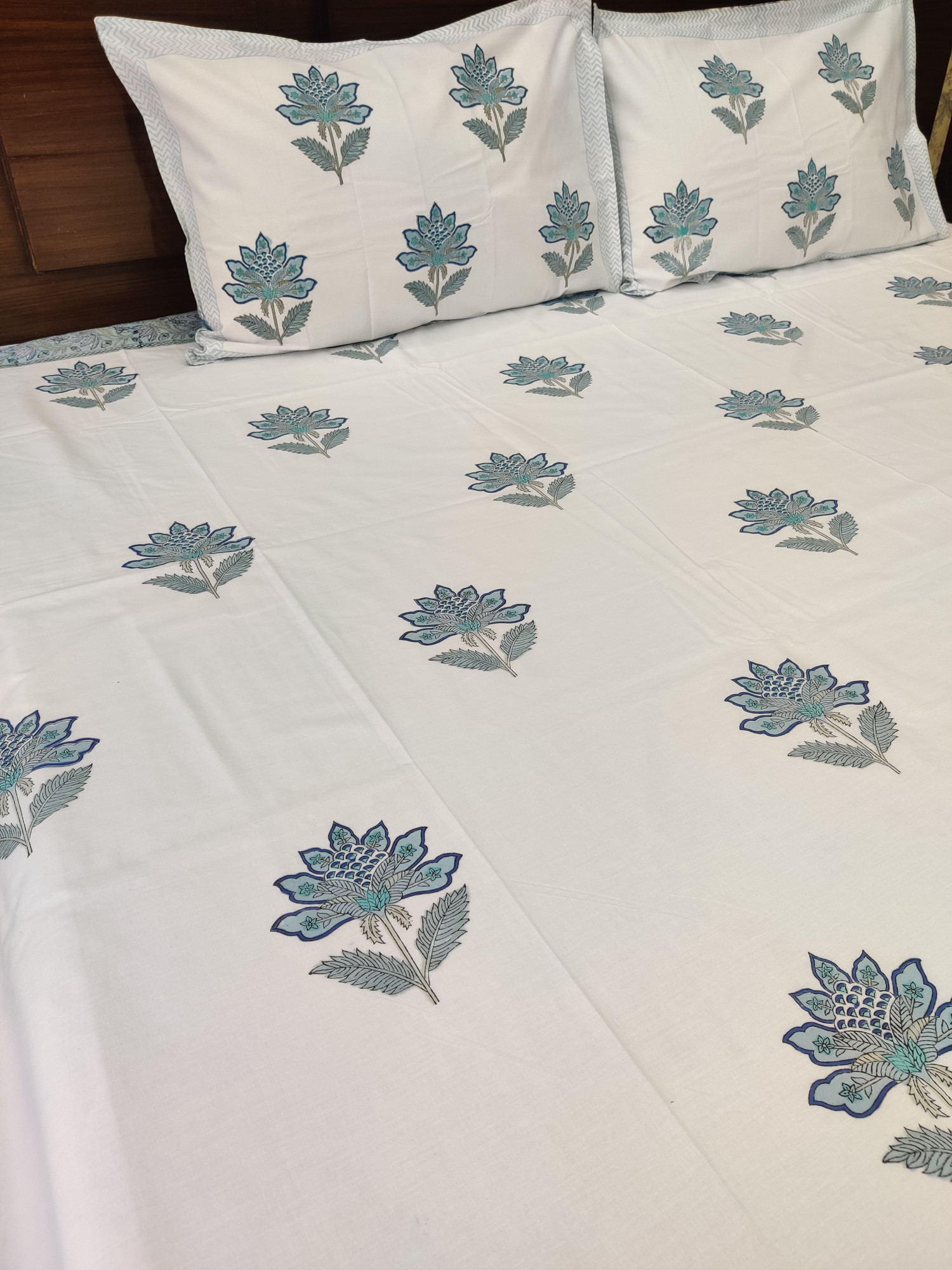 Jaipuri Block Print Bedsheet - Blue Jaal Hand Block Print Cotton Double