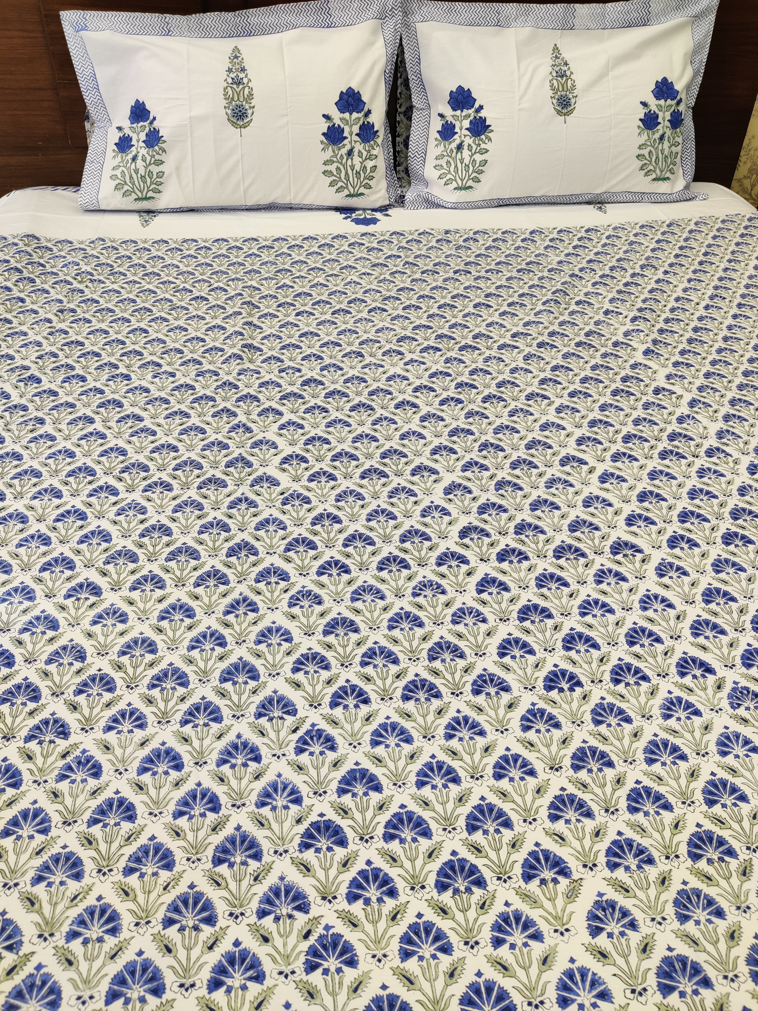 Jaipuri Block Print Bedsheet - Blue Magnolia Hand Block Print Cotton King Size