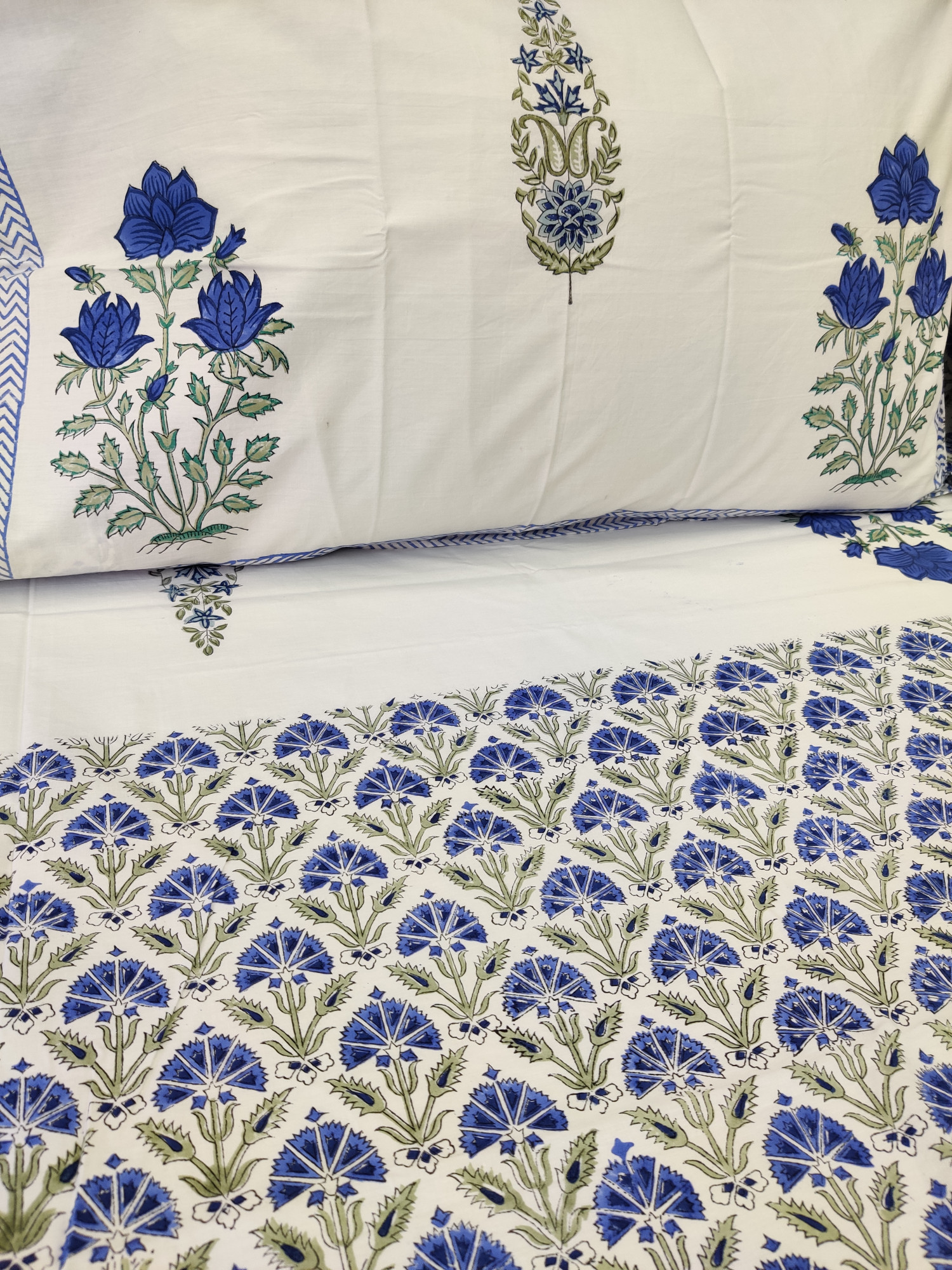 Jaipuri Block Print Bedsheet - Blue Magnolia Hand Block Print Cotton King Size