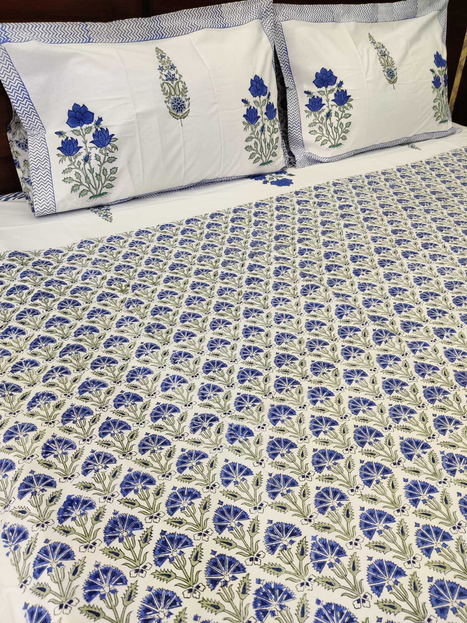 Jaipuri Block Print Bedsheet - Blue Magnolia Hand Block Print Cotton King Size