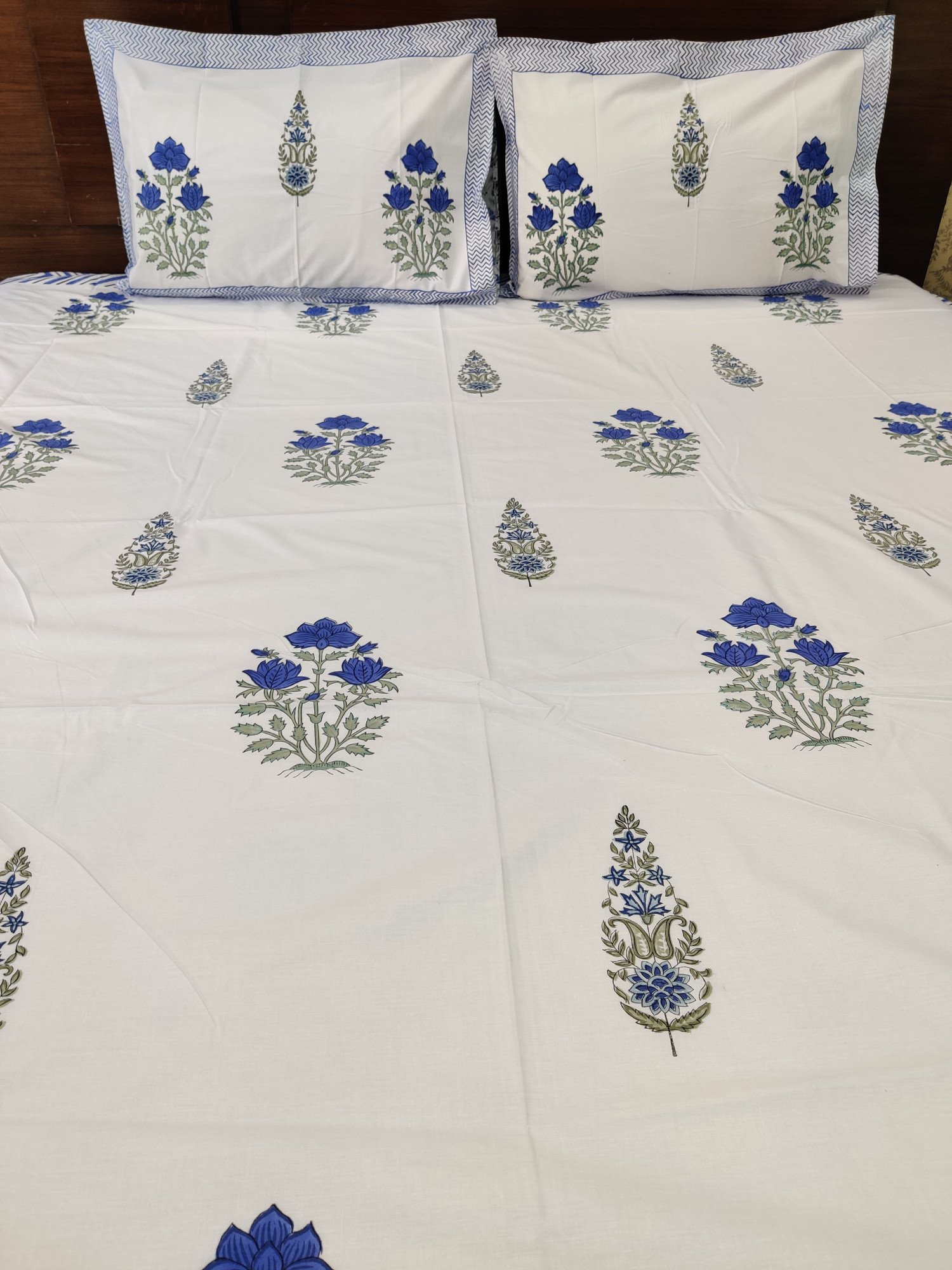 Jaipuri Block Print Bedsheet - Blue Double Motif Hand Block Print Cotton Double