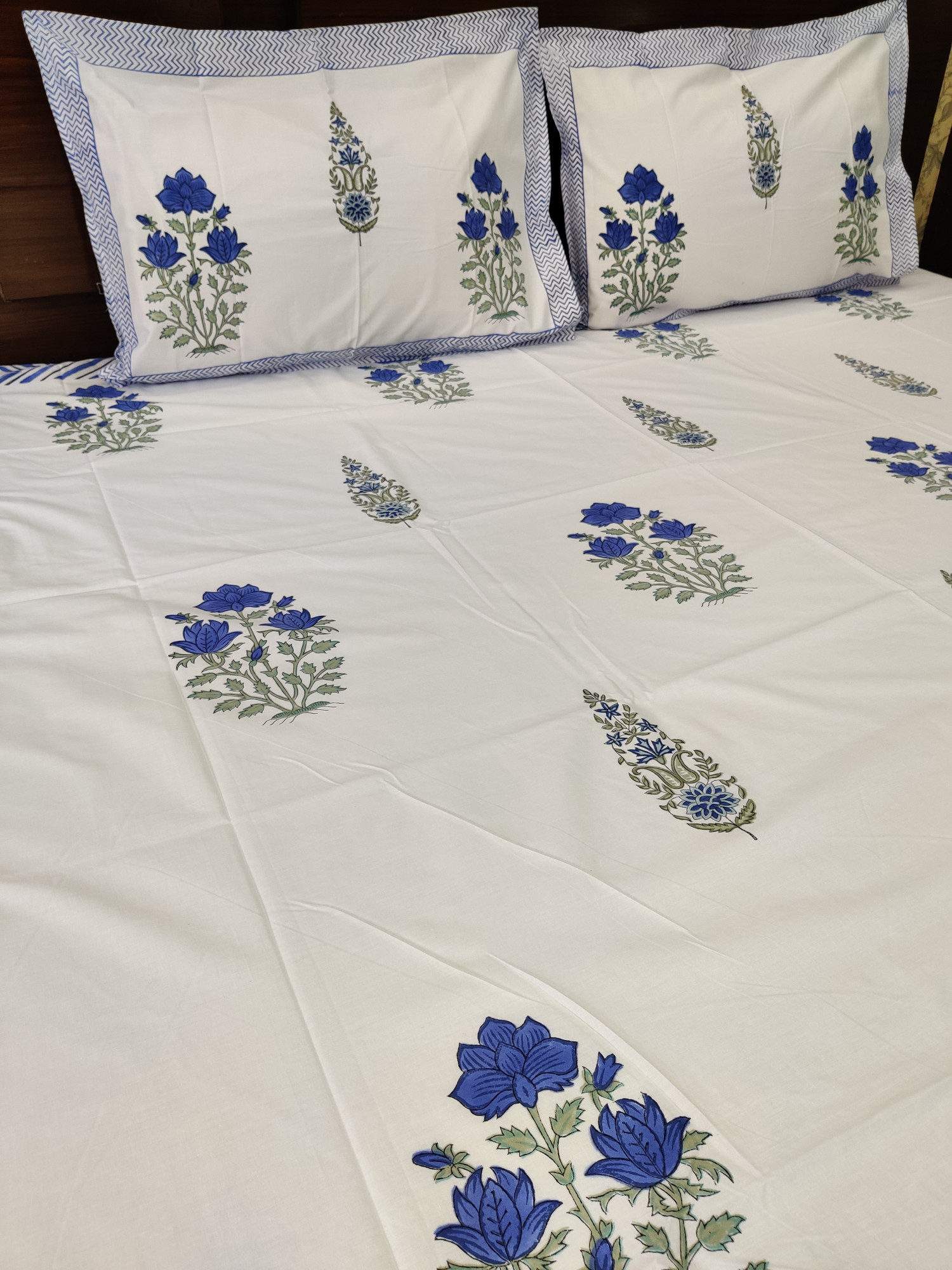 Jaipuri Block Print Bedsheet - Blue Double Motif Hand Block Print Cotton Double