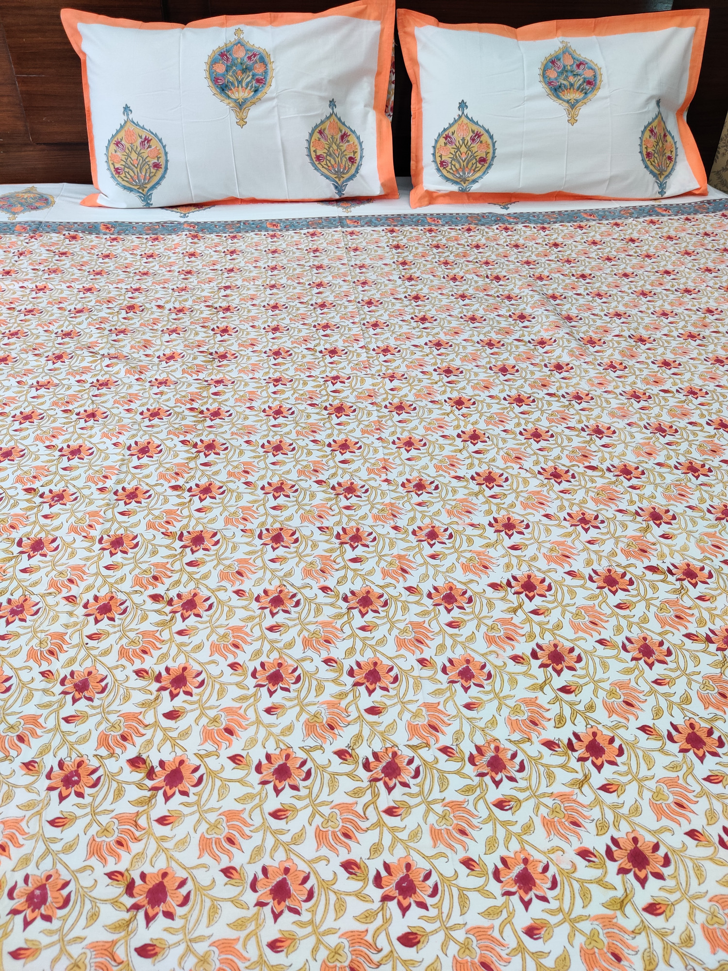 Jaipuri Block Print Bedsheet - Orange Jaal Hand Block Print Cotton King Size