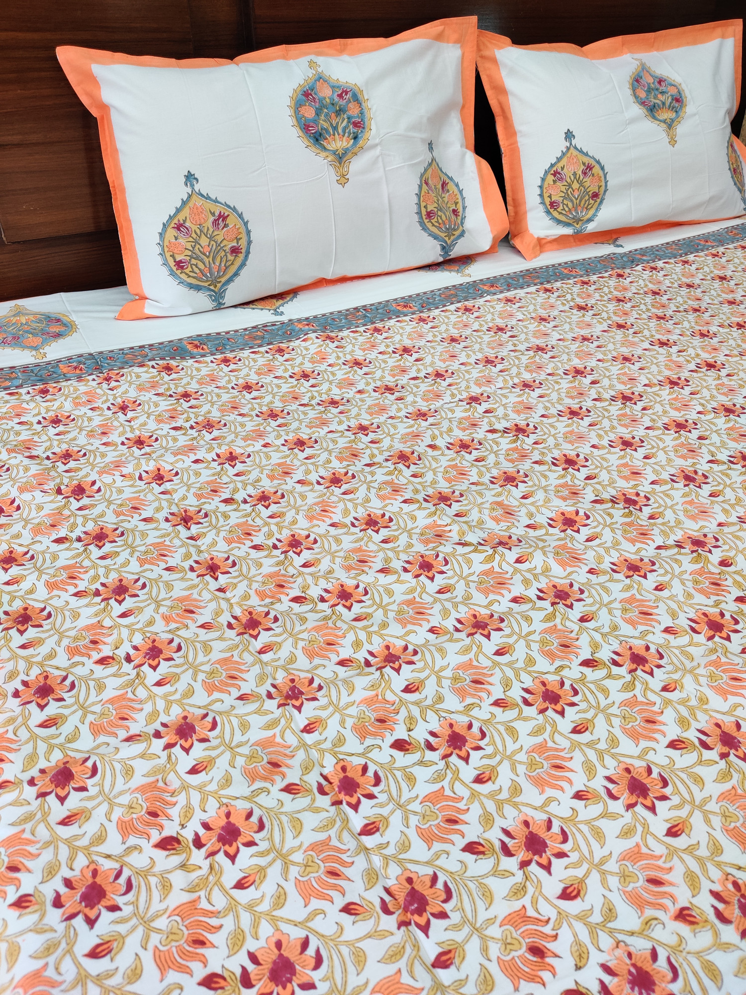 Jaipuri Block Print Bedsheet - Orange Jaal Hand Block Print Cotton King Size