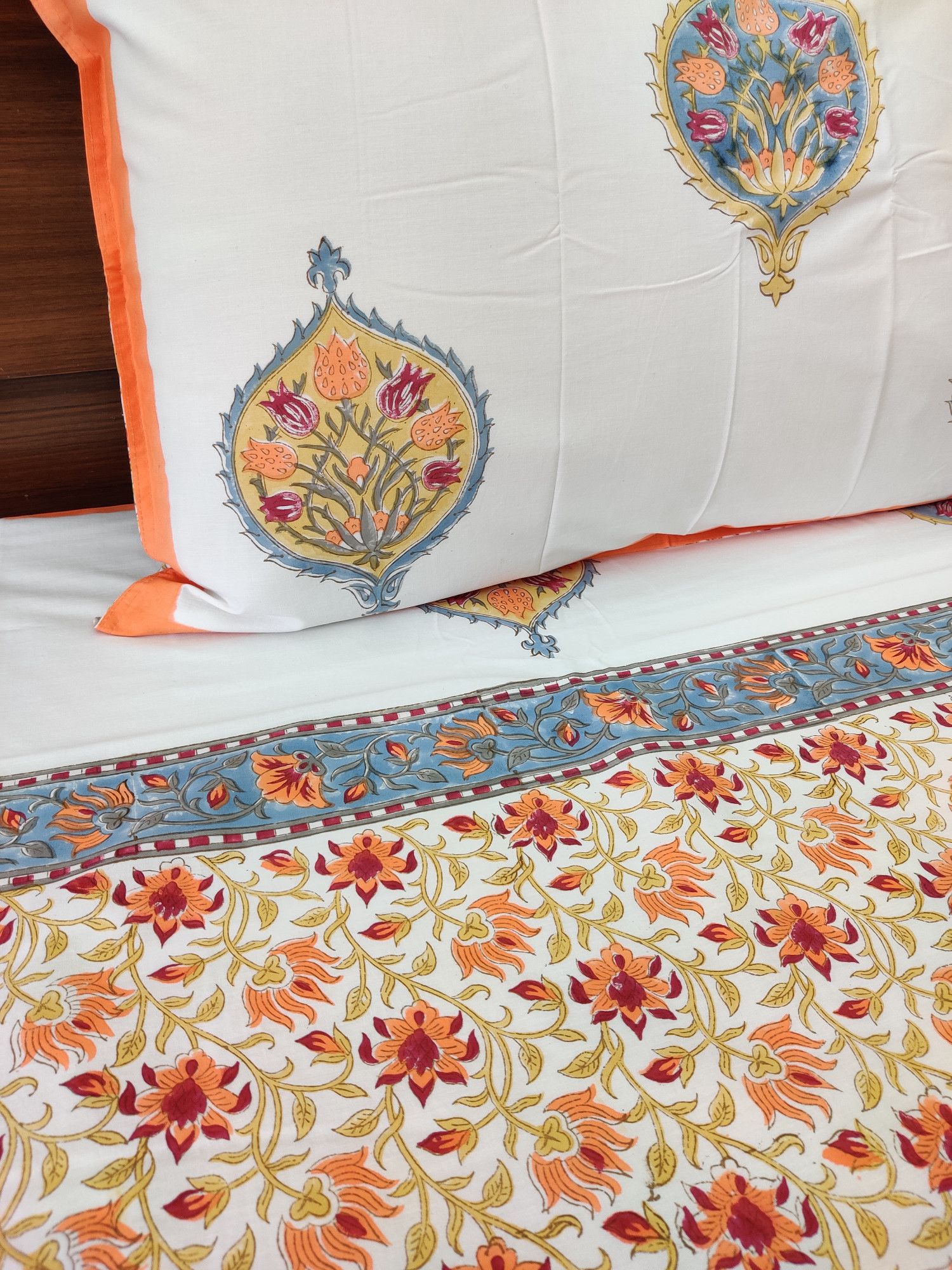 Jaipuri Block Print Bedsheet - Orange Jaal Hand Block Print Cotton King Size