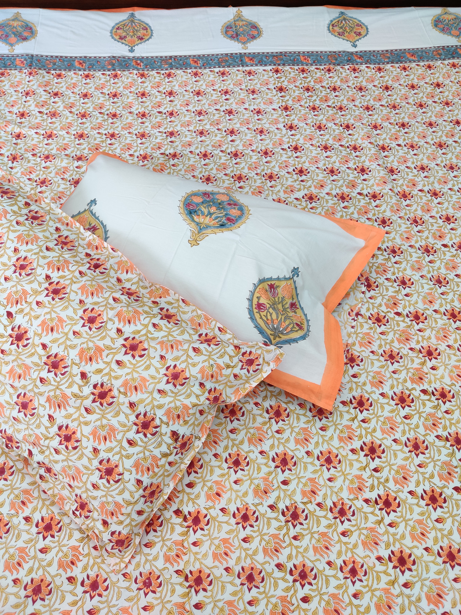 Jaipuri Block Print Bedsheet - Orange Jaal Hand Block Print Cotton King Size
