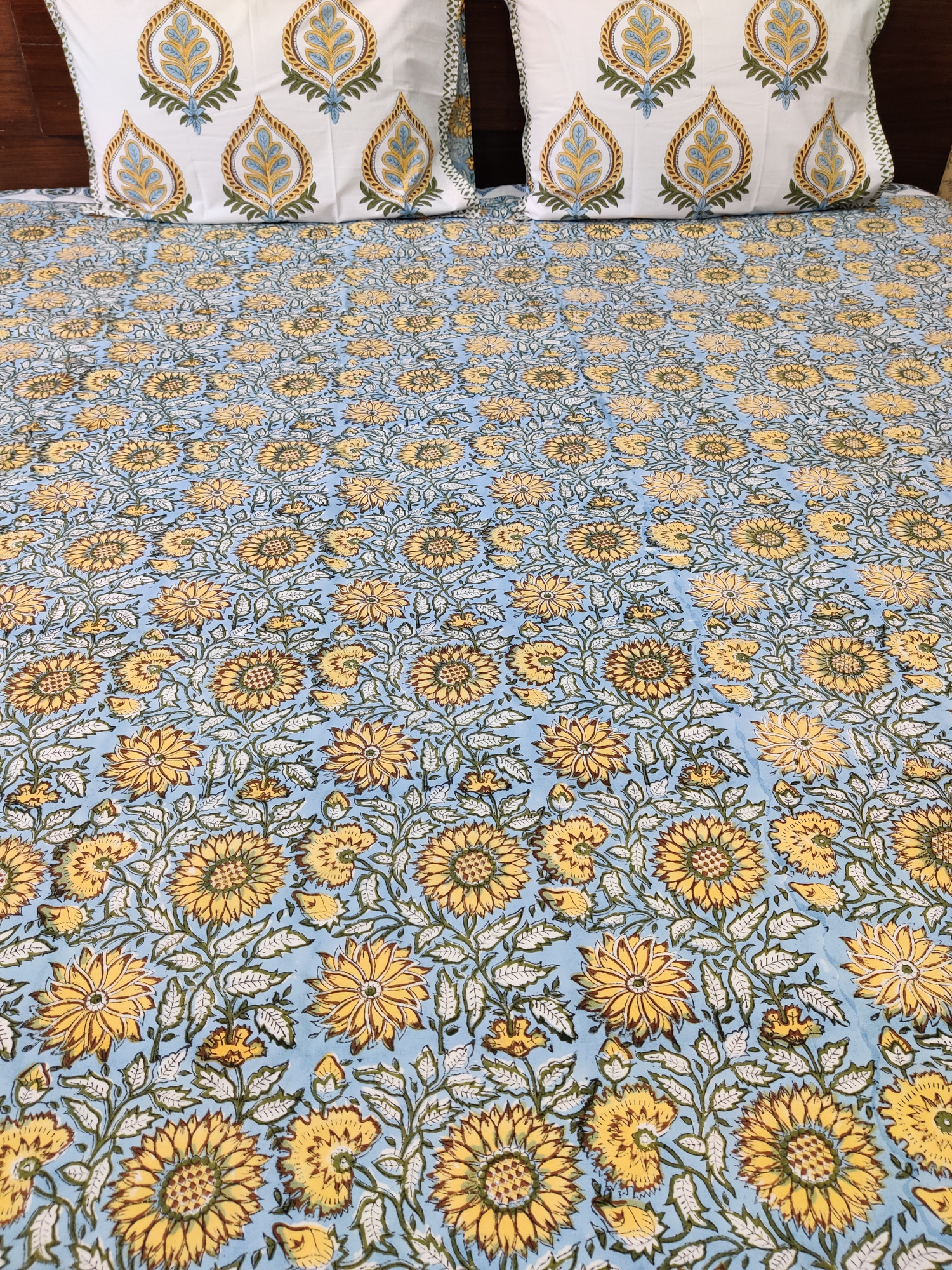 Jaipuri Block Print Bedsheet - Grey Yellow Jaal Hand Block Print Cotton King Size