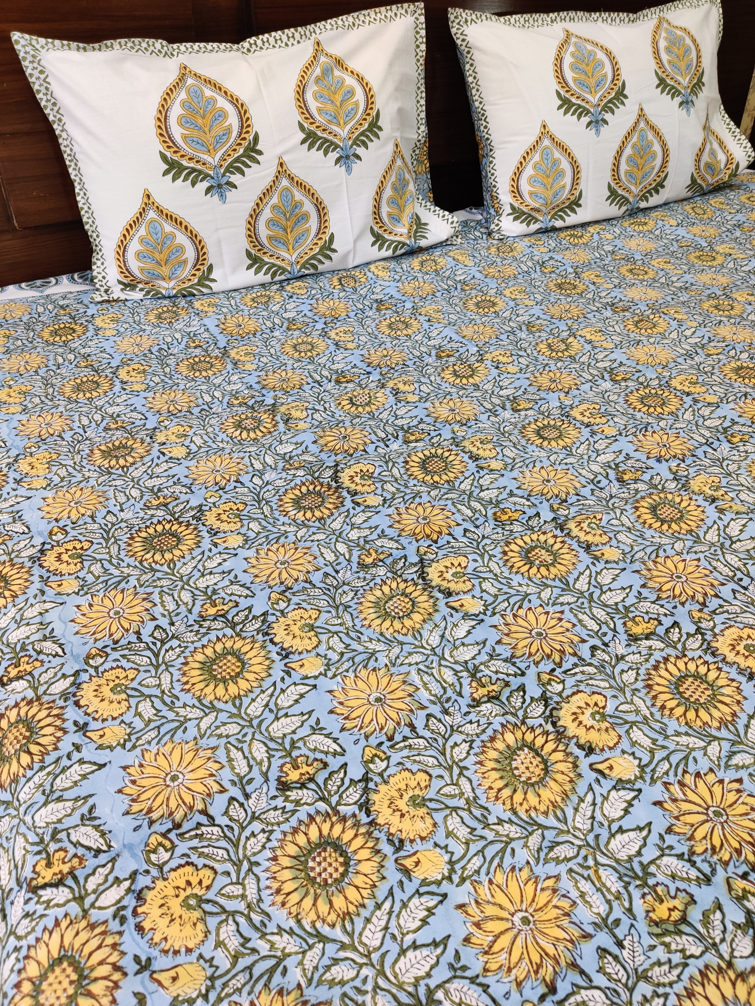 Jaipuri Block Print Bedsheet - Grey Yellow Jaal Hand Block Print Cotton King Size