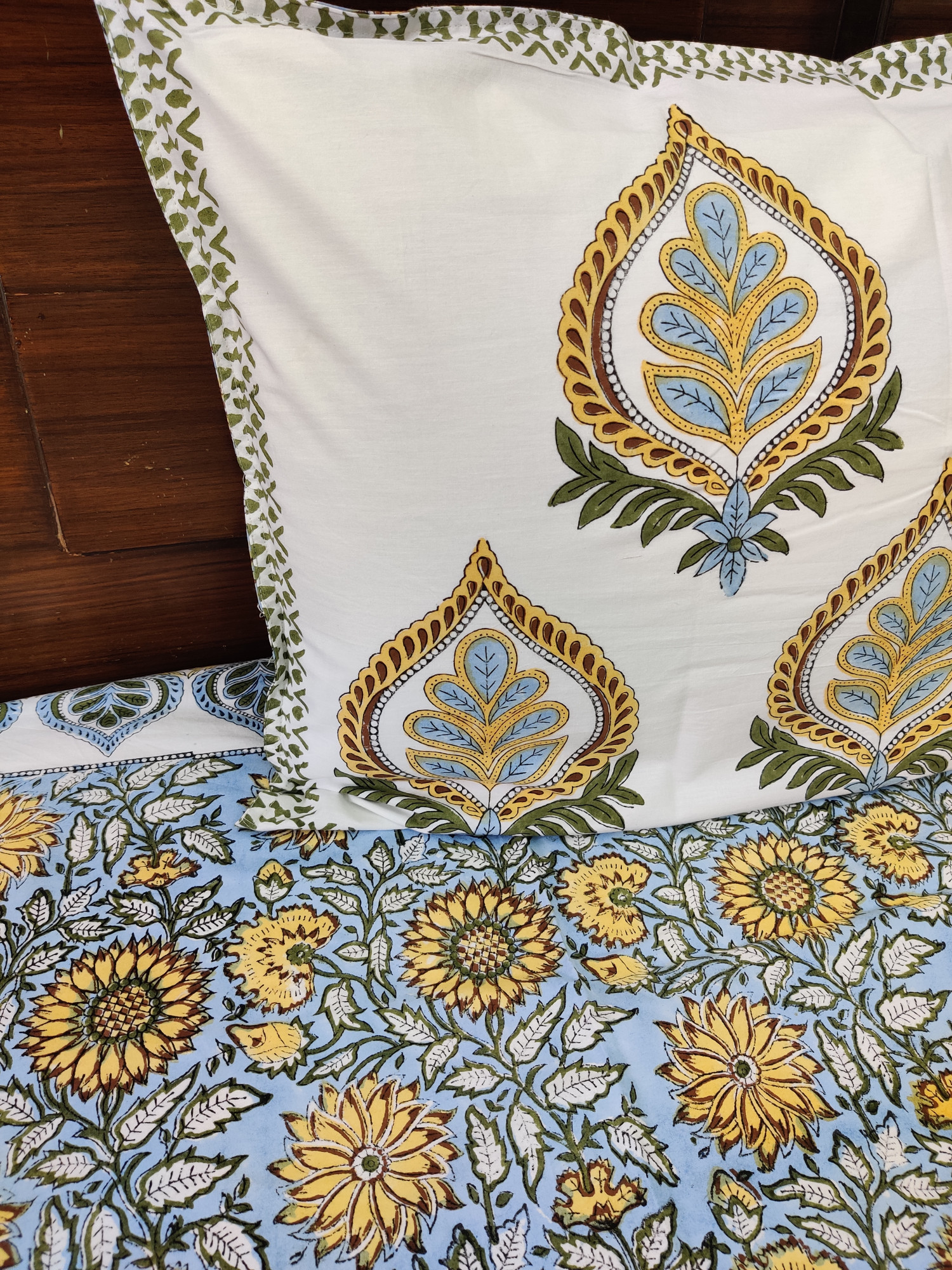 Jaipuri Block Print Bedsheet - Grey Yellow Jaal Hand Block Print Cotton King Size