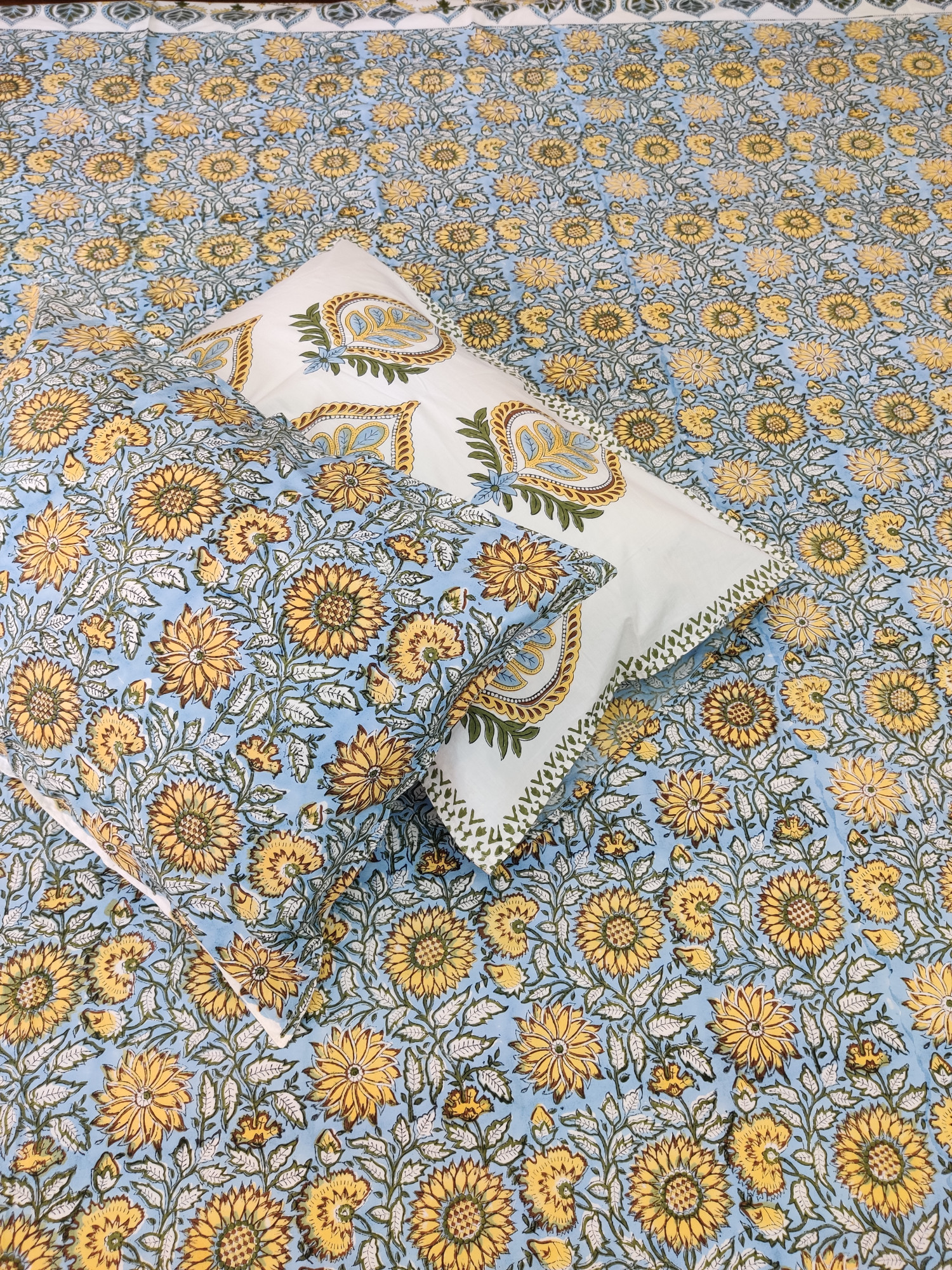 Jaipuri Block Print Bedsheet - Grey Yellow Jaal Hand Block Print Cotton King Size