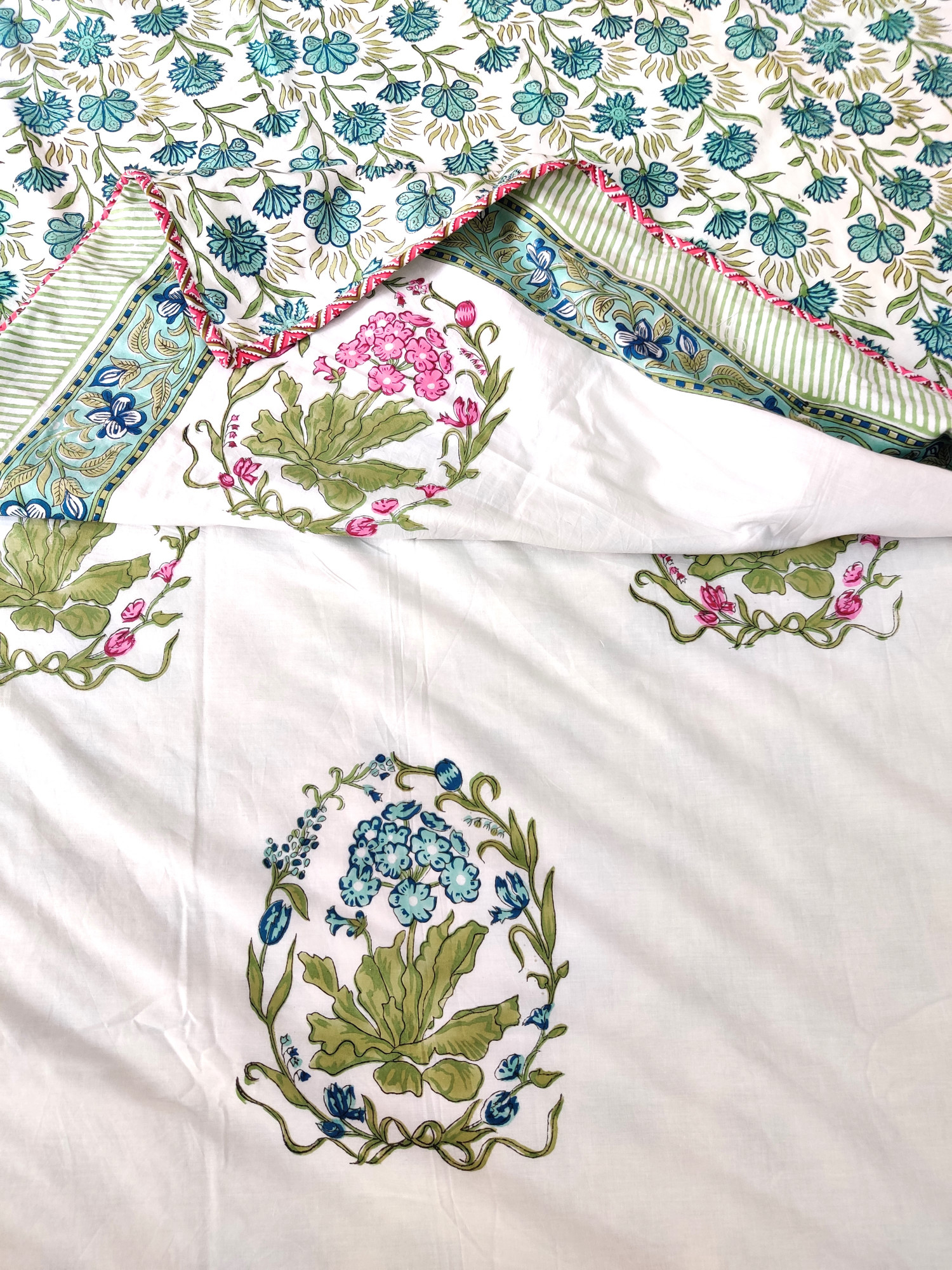 Block Print Dohar - Aqua Multiblock Hand Block Print Mulmul Cotton Jaipuri