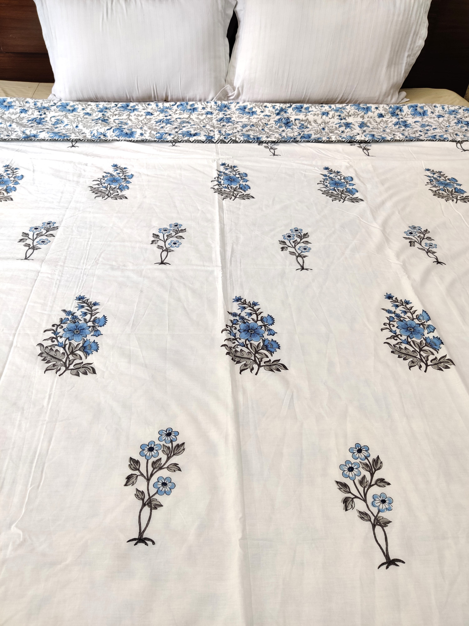 Block Print Dohar - Blue Floral Cotton Hand Block Print Jaipuri