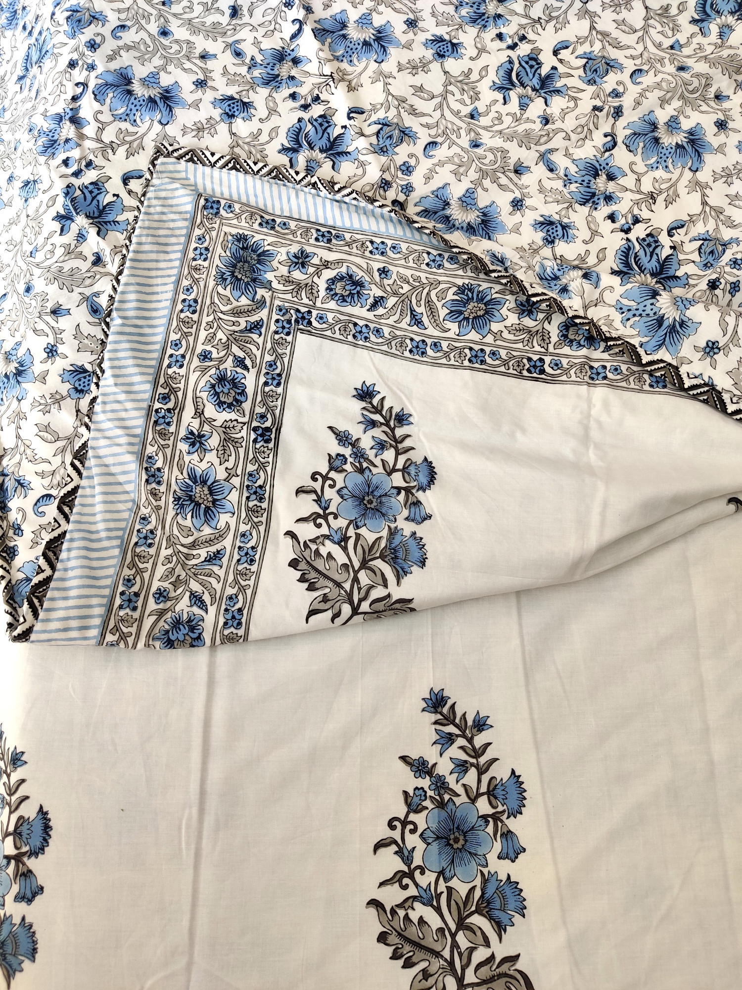 Block Print Dohar - Blue Floral Cotton Hand Block Print Jaipuri