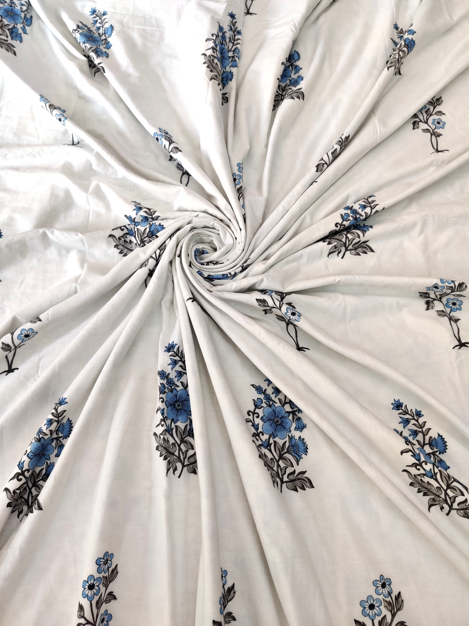 Block Print Dohar - Blue Floral Cotton Hand Block Print Jaipuri