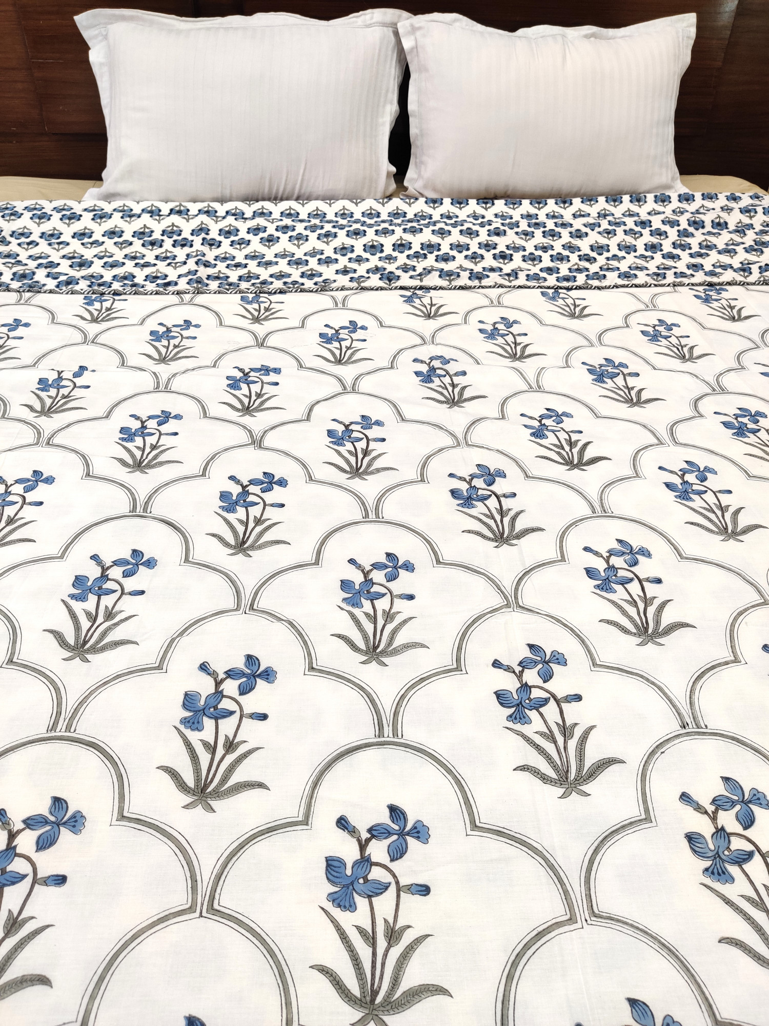 Block Print Dohar - Blue Blossom Hand Block Print Fine Cotton Jaipuri