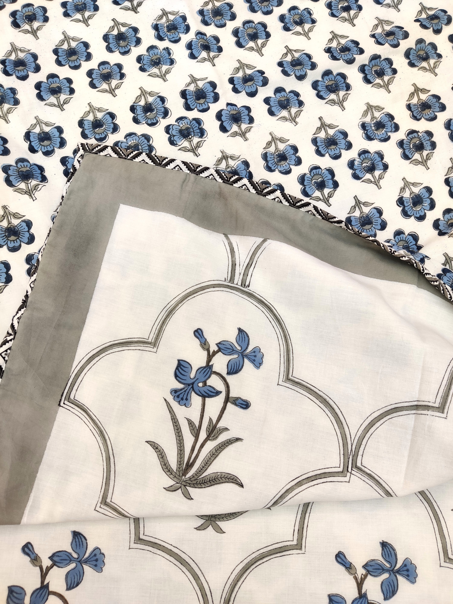 Block Print Dohar - Blue Blossom Hand Block Print Fine Cotton Jaipuri