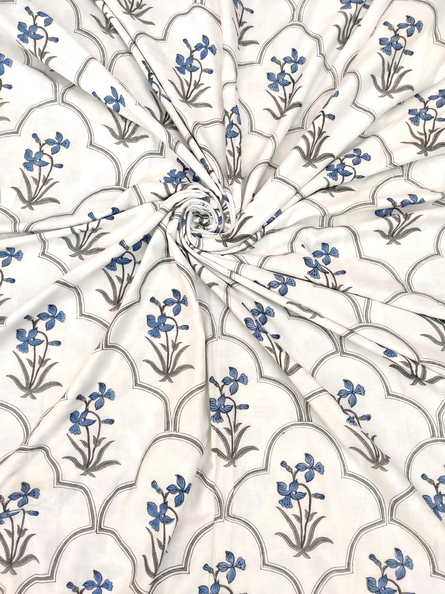 Block Print Dohar - Blue Blossom Hand Block Print Fine Cotton Jaipuri