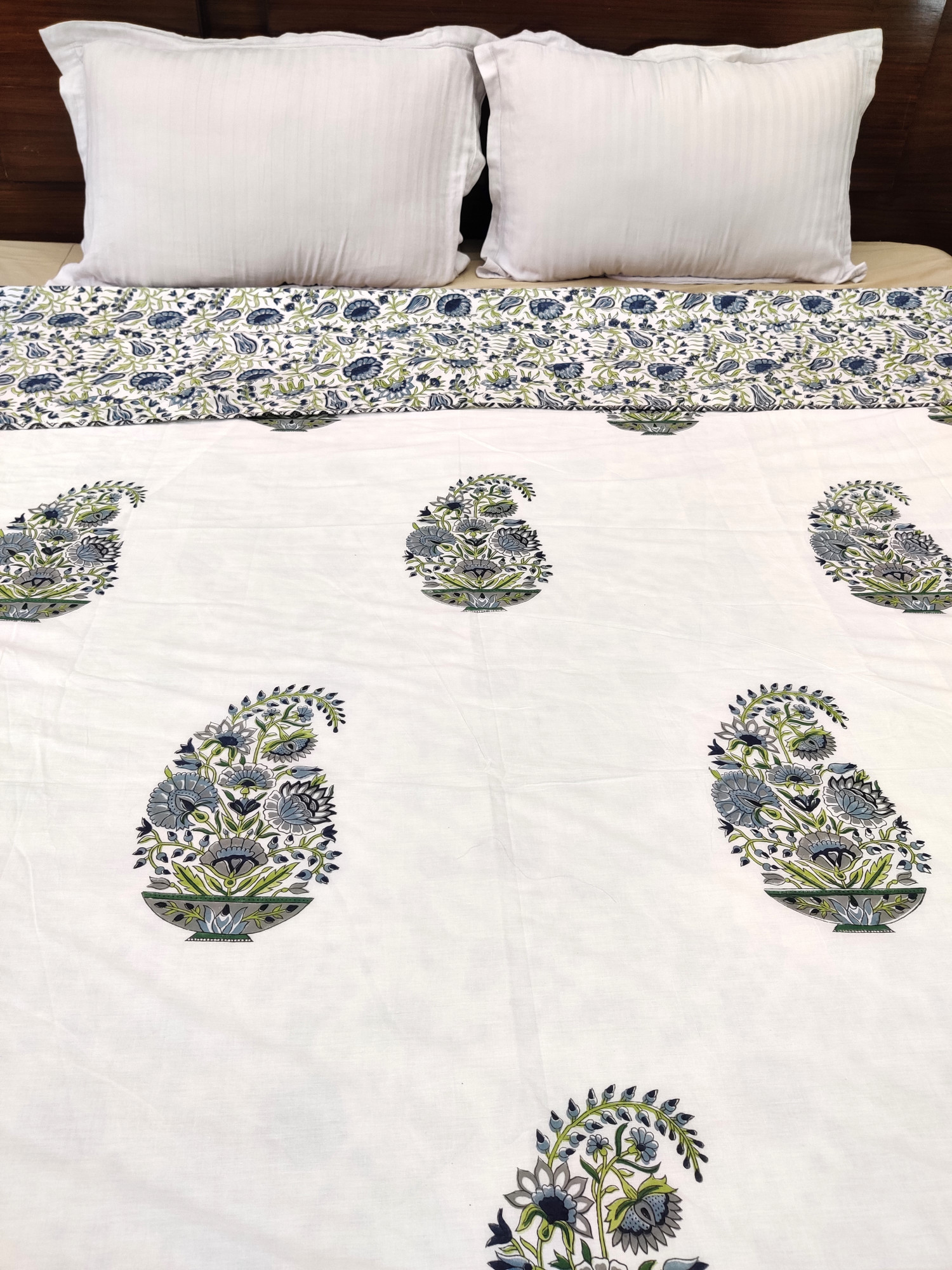 Block Print Dohar - Grey Green Boota Hand Block Print Cotton Jaipuri