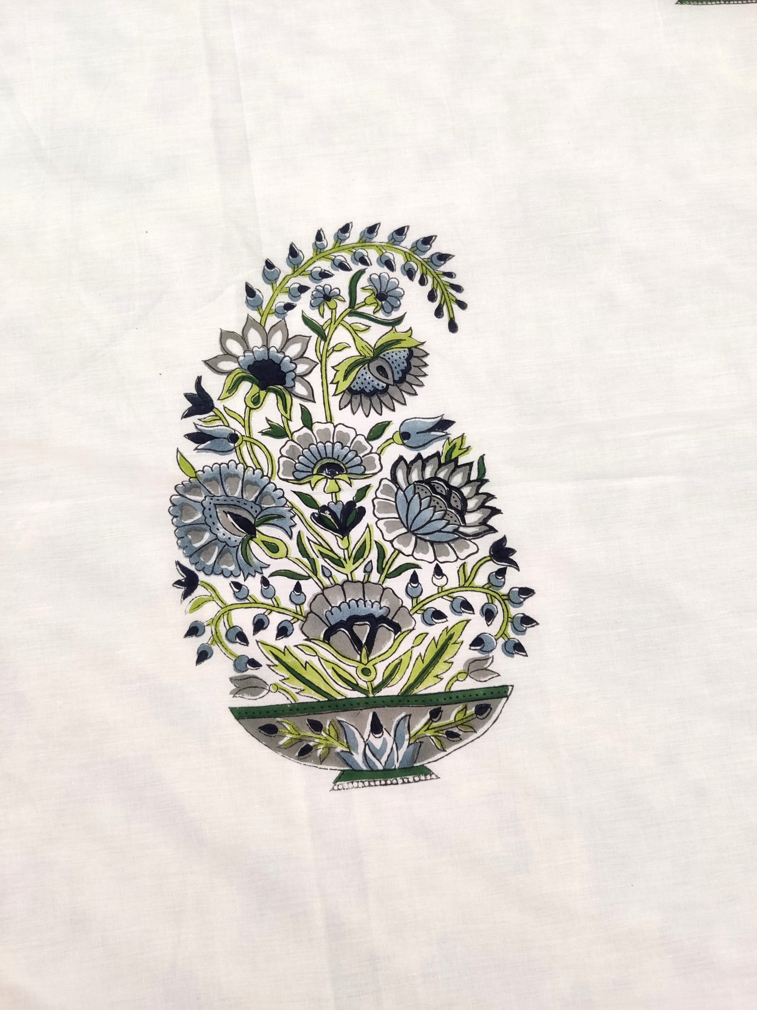 Block Print Dohar - Grey Green Boota Hand Block Print Cotton Jaipuri