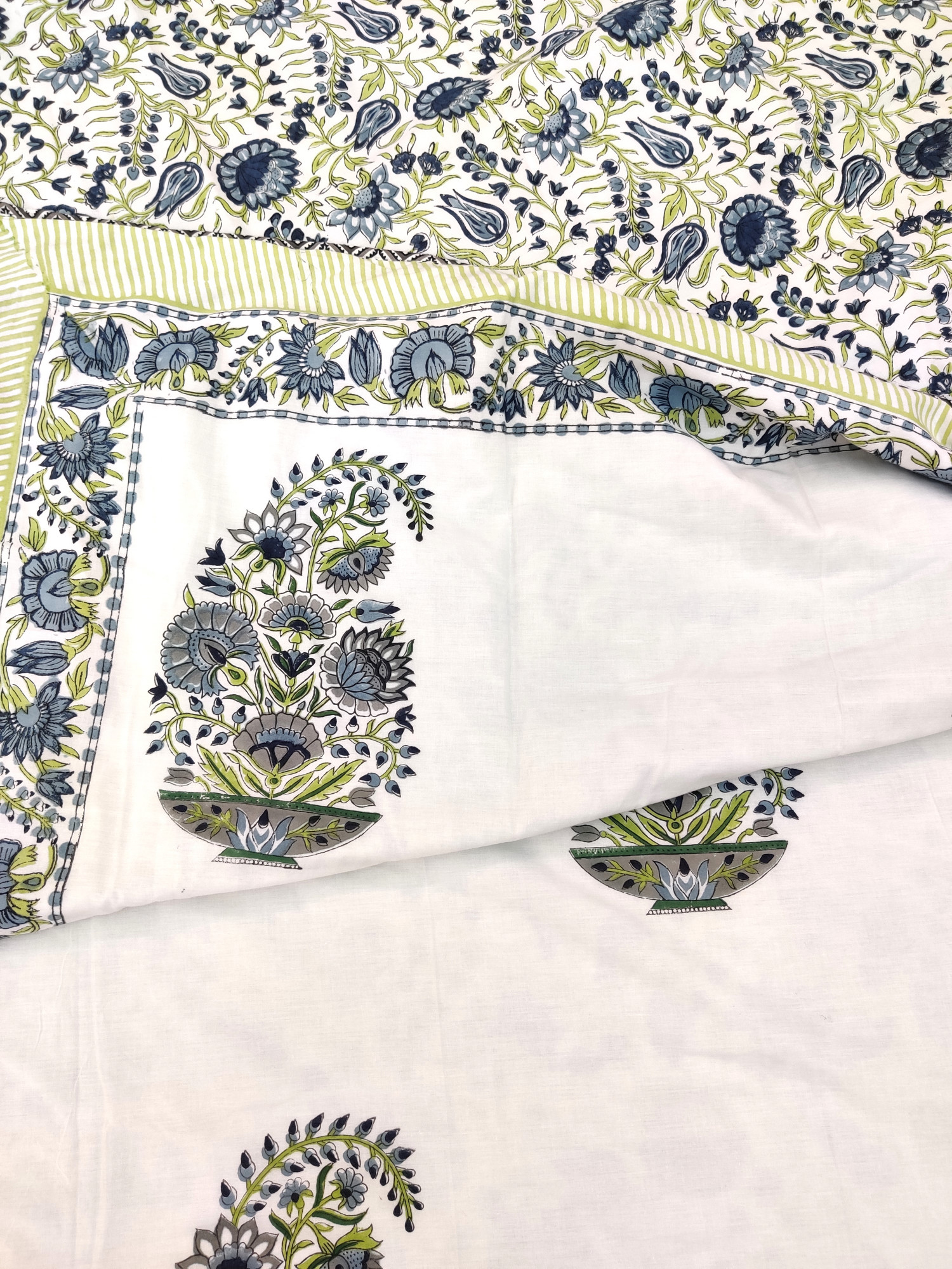Block Print Dohar - Grey Green Boota Hand Block Print Cotton Jaipuri