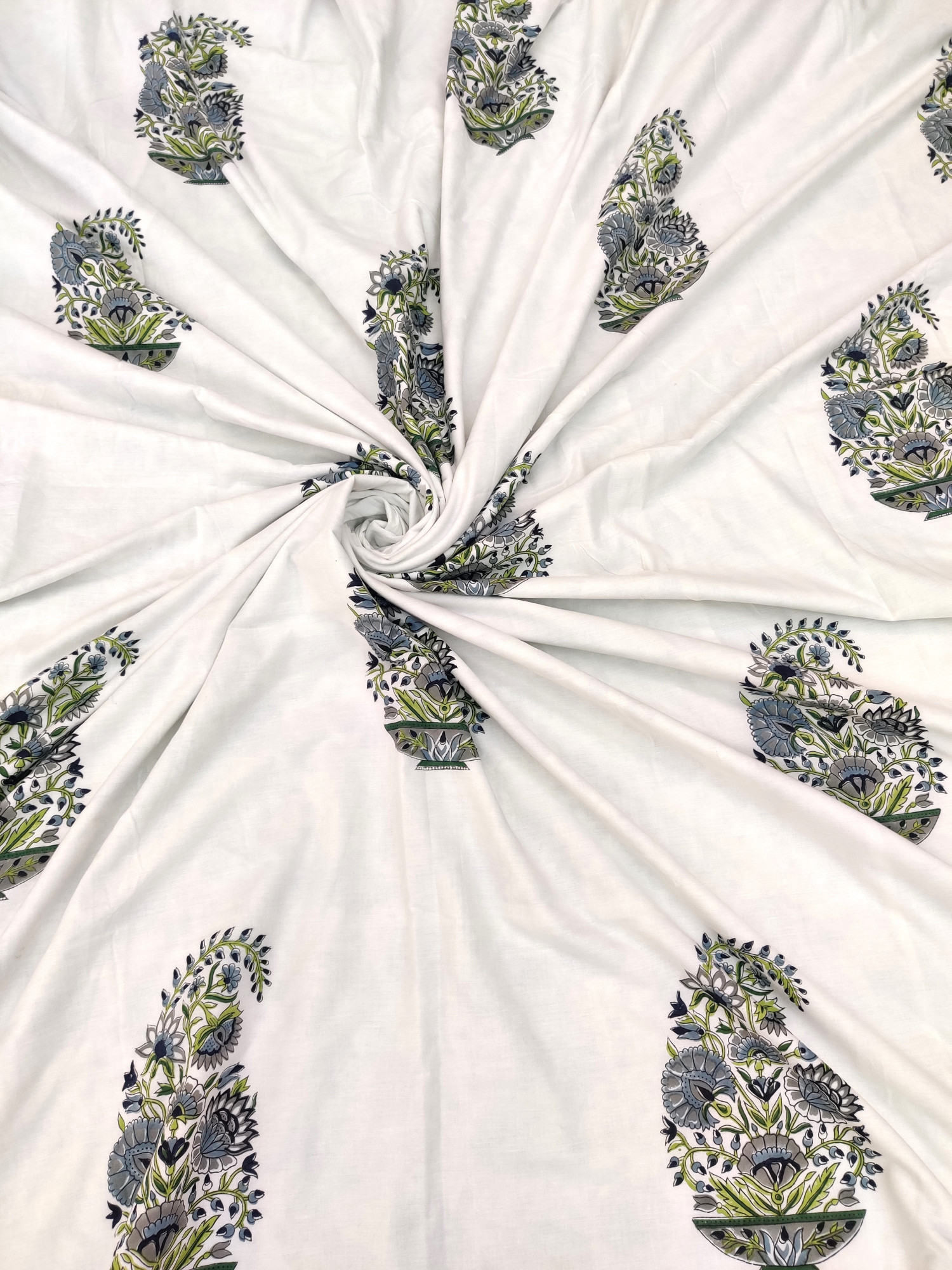 Block Print Dohar - Grey Green Boota Hand Block Print Cotton Jaipuri