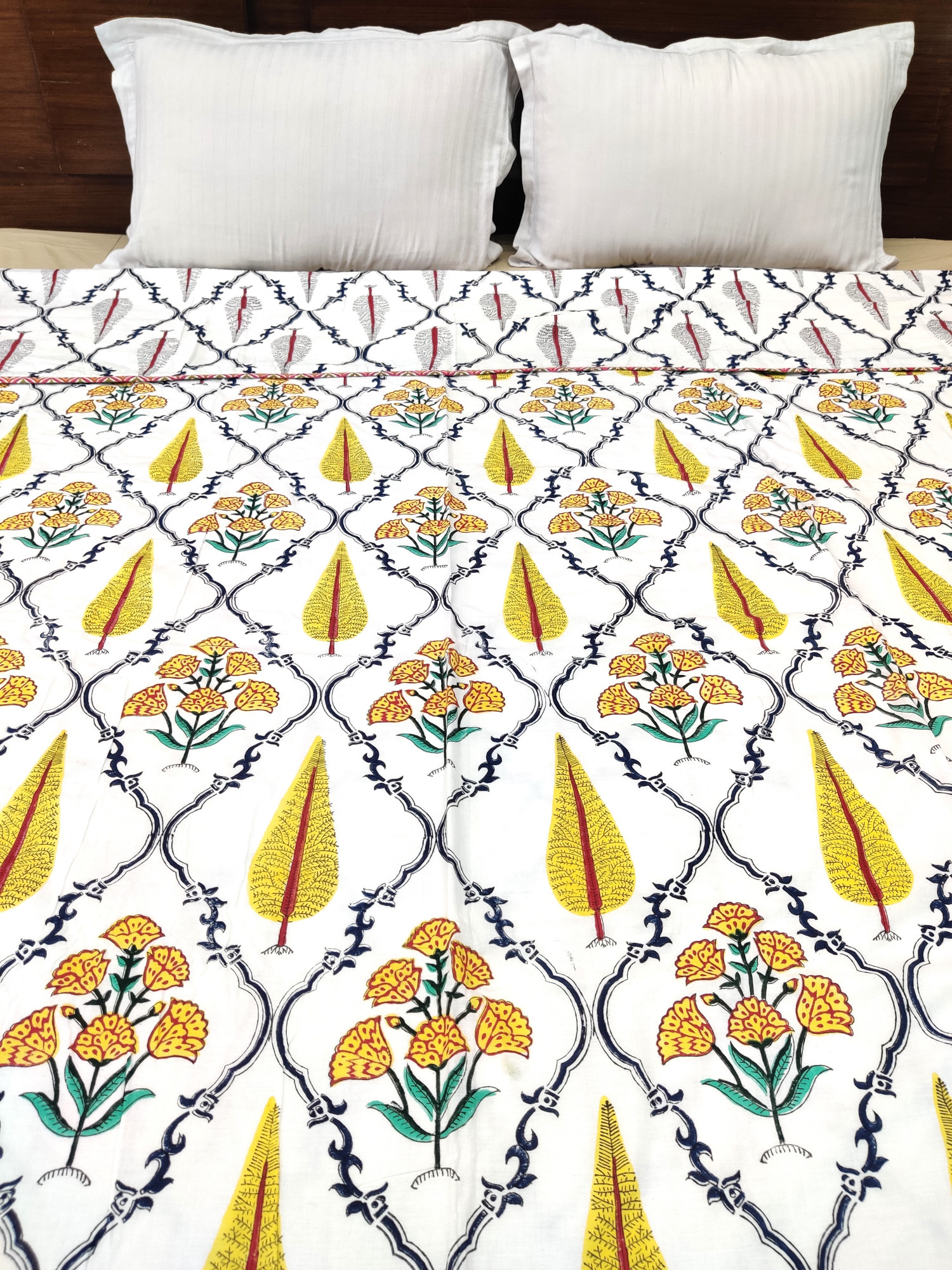 Block Print Dohar - Yellow Fern Jaal Reversible Hand Block Print Cotton Jaipuri