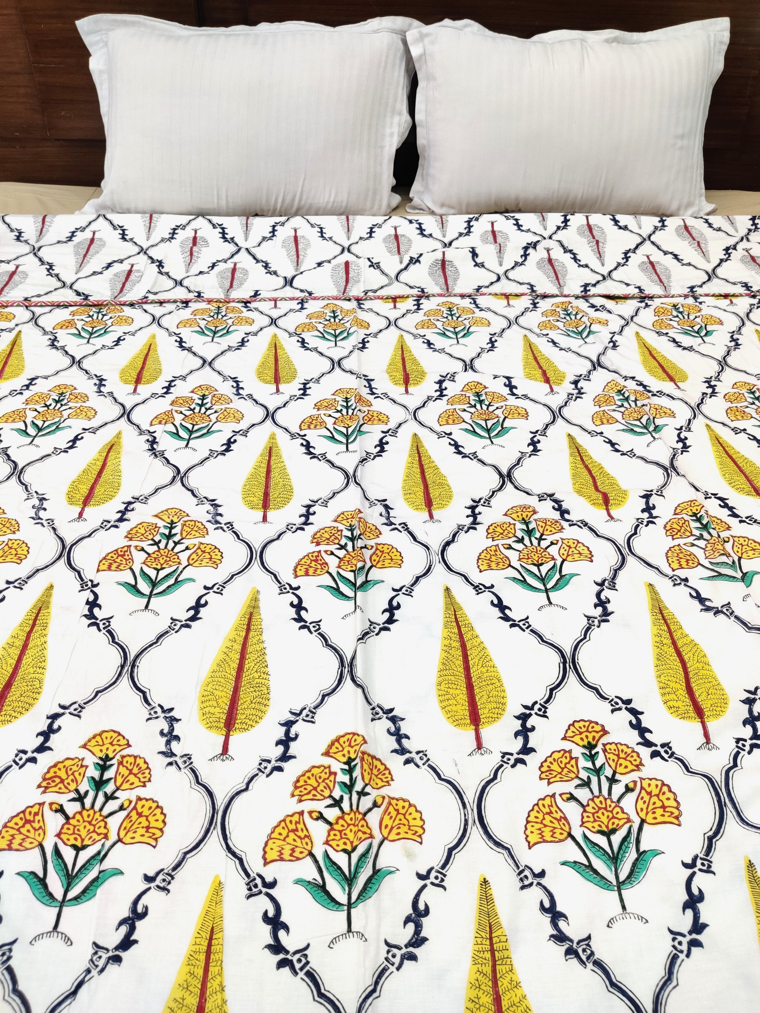 Block Print Dohar - Yellow Fern Jaal Reversible Hand Block Print Cotton Jaipuri