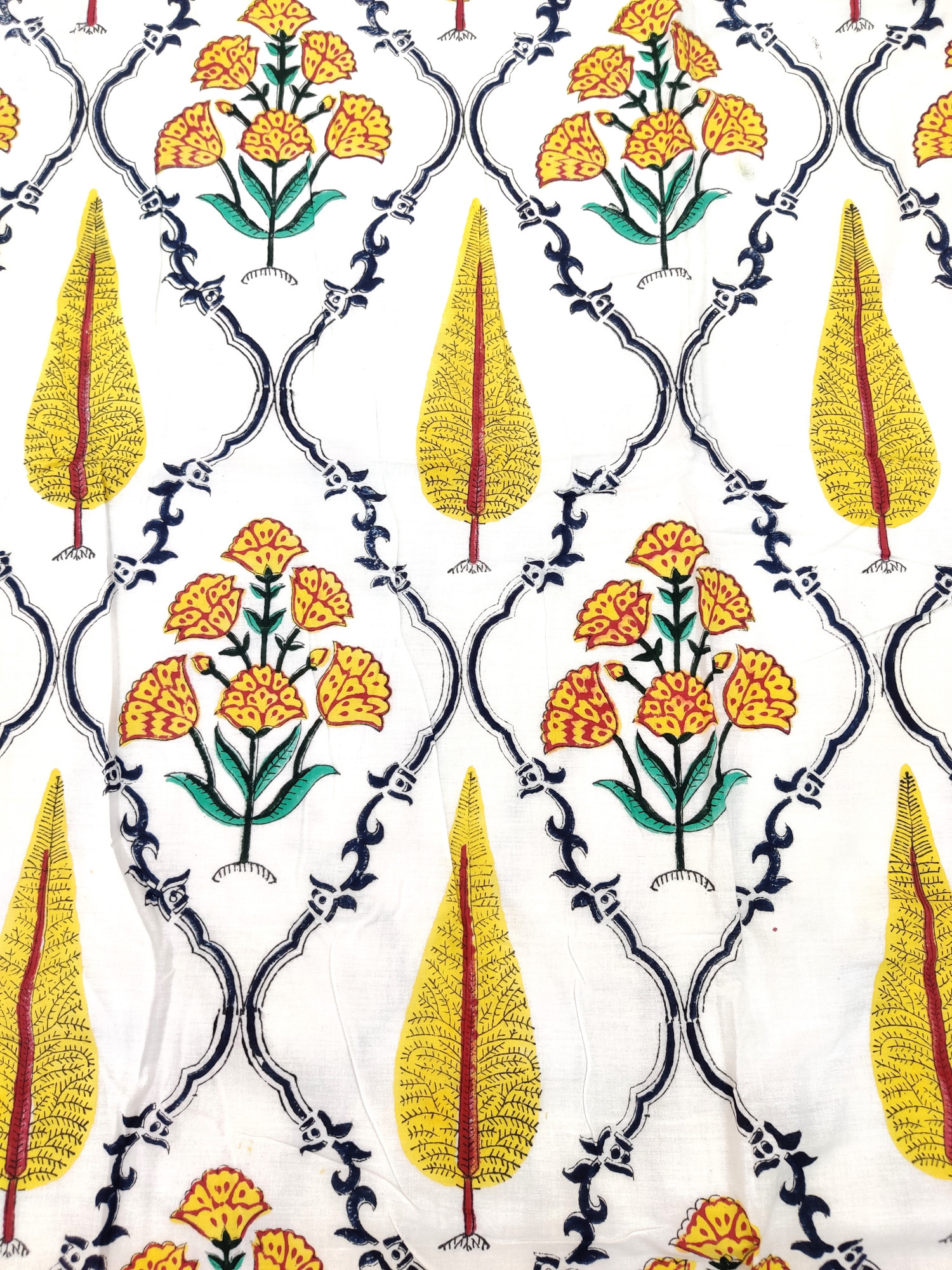 Block Print Dohar - Yellow Fern Jaal Reversible Hand Block Print Cotton Jaipuri