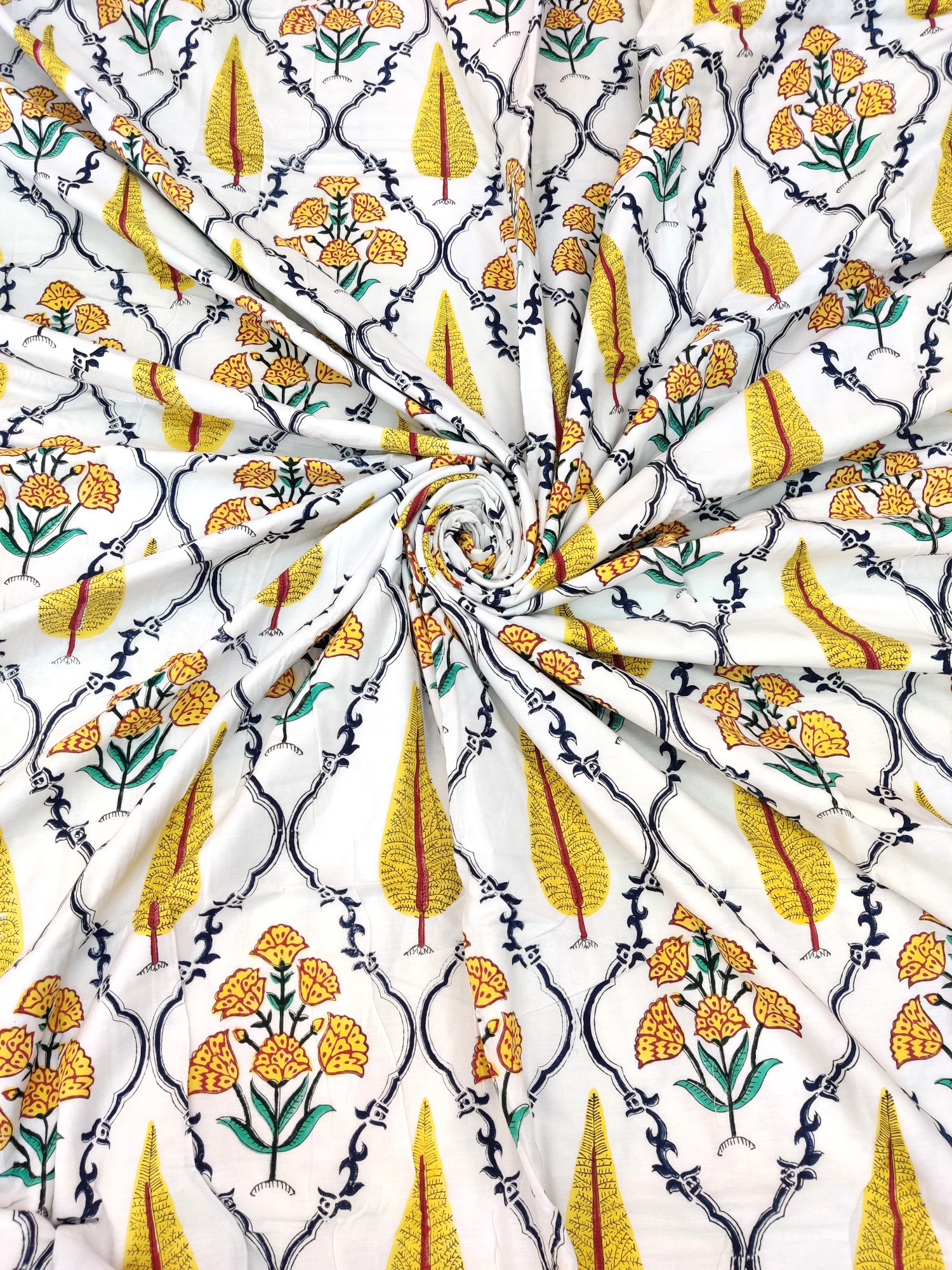 Block Print Dohar - Yellow Fern Jaal Reversible Hand Block Print Cotton Jaipuri