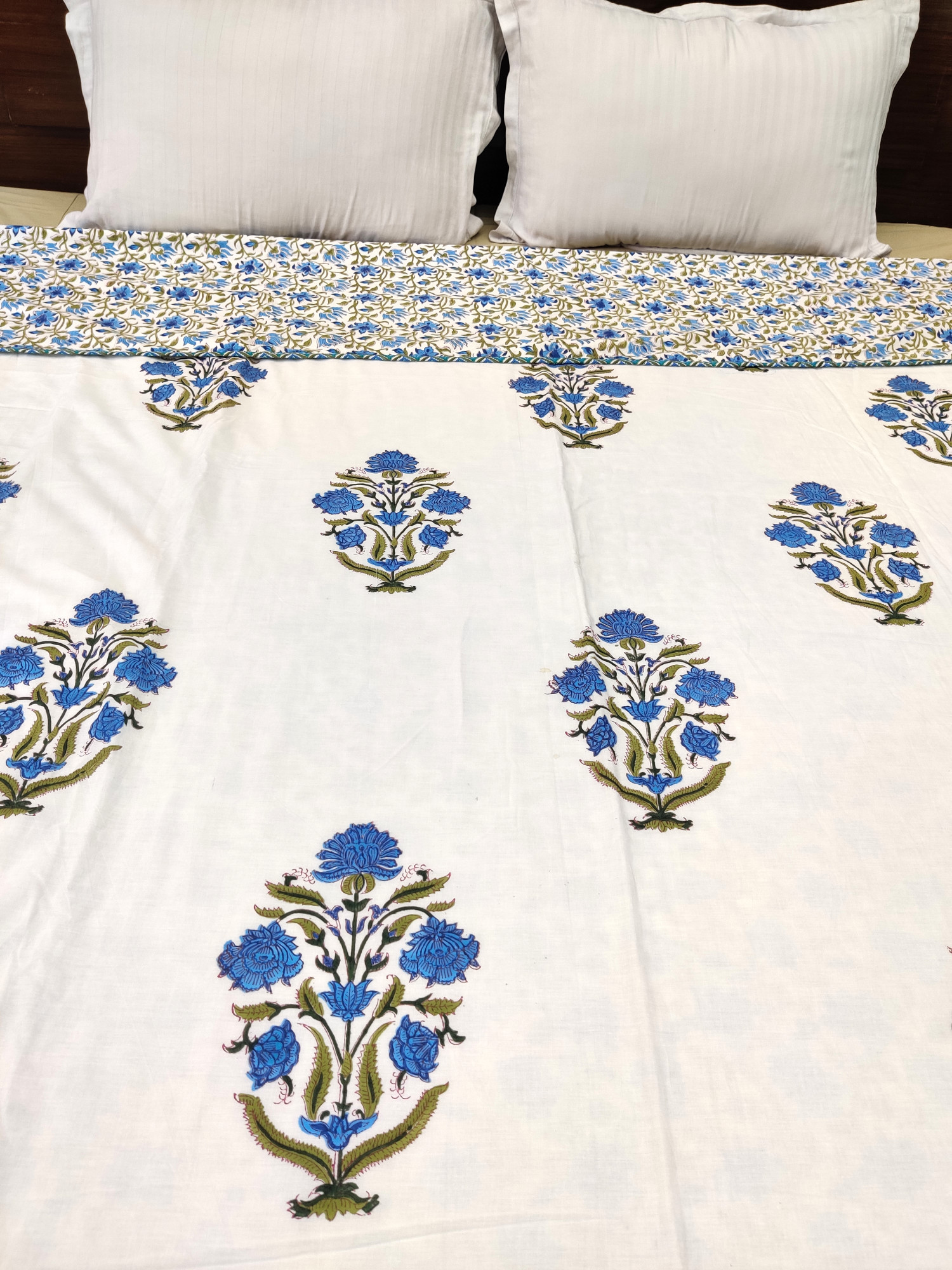 Block Print Dohar - Bluish Bloomers Hand Block Print Premium Cotton Jaipuri