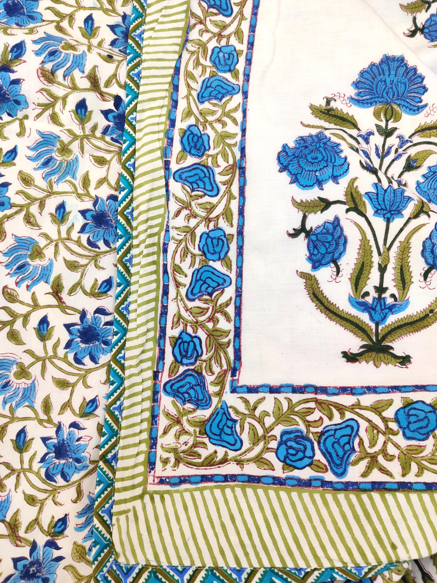 Block Print Dohar - Bluish Bloomers Hand Block Print Premium Cotton Jaipuri