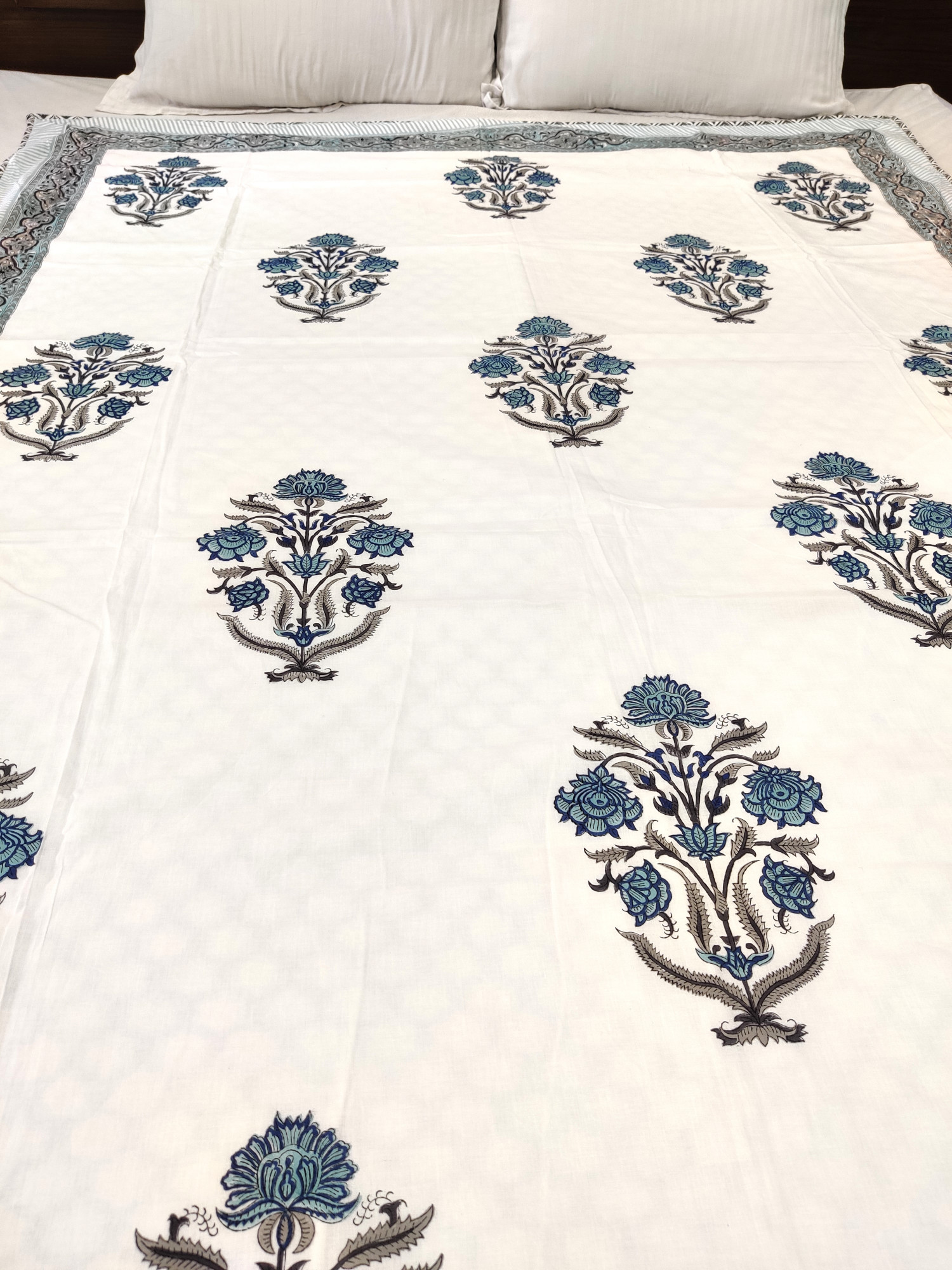 Block Print Dohar - Dark Blue Bloomer Hand Block Print Reversible Jaipuri