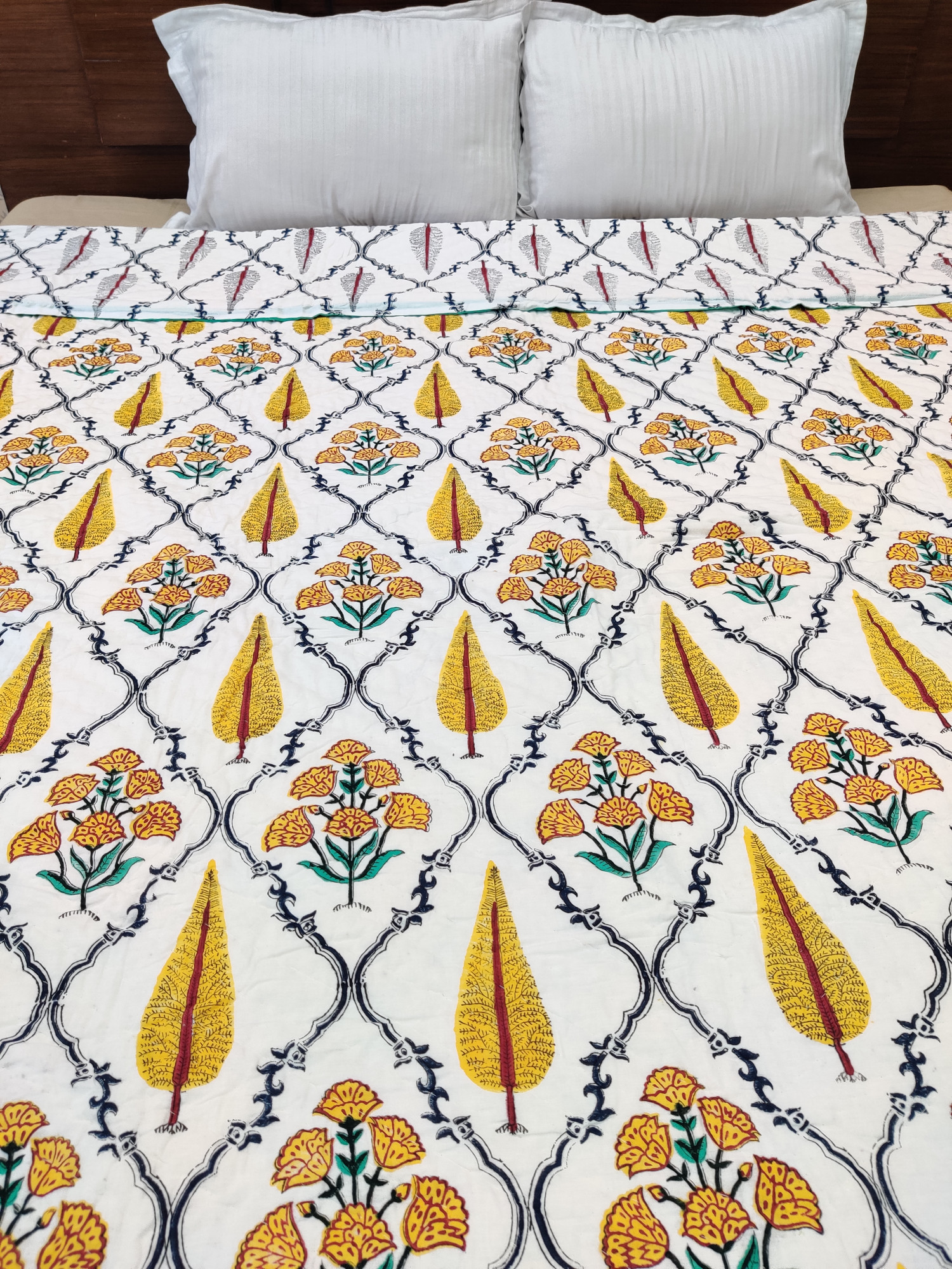 Hand Block Print Mulmul Quilt - Yellow Fern Jaal Soft Jaipuri Razai Double