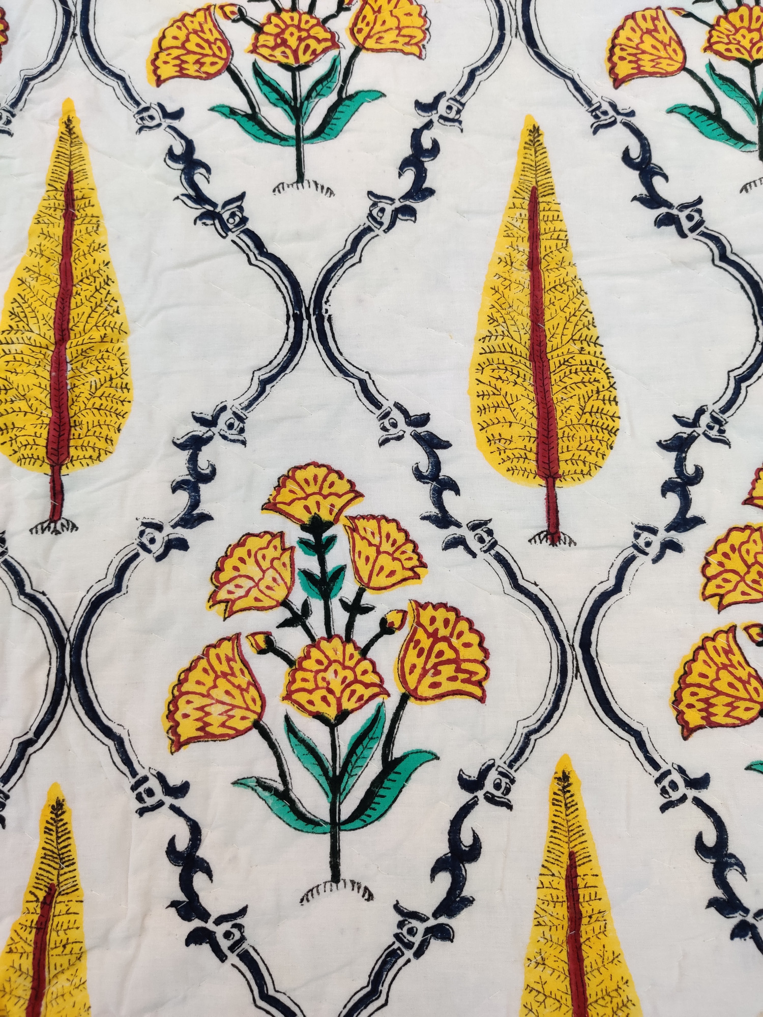 Hand Block Print Mulmul Quilt - Yellow Fern Jaal Soft Jaipuri Razai Double