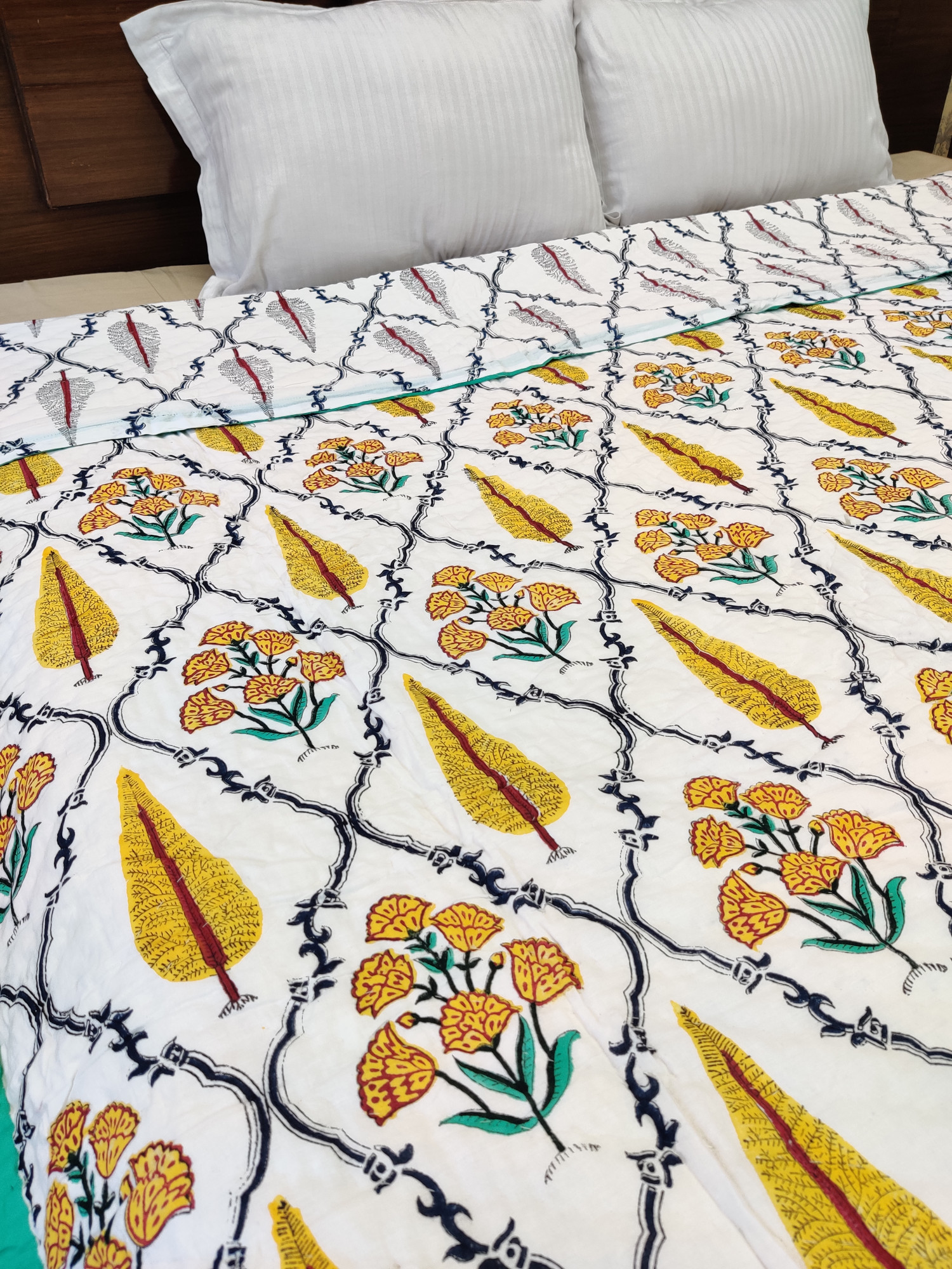 Hand Block Print Mulmul Quilt - Yellow Fern Jaal Soft Jaipuri Razai Double