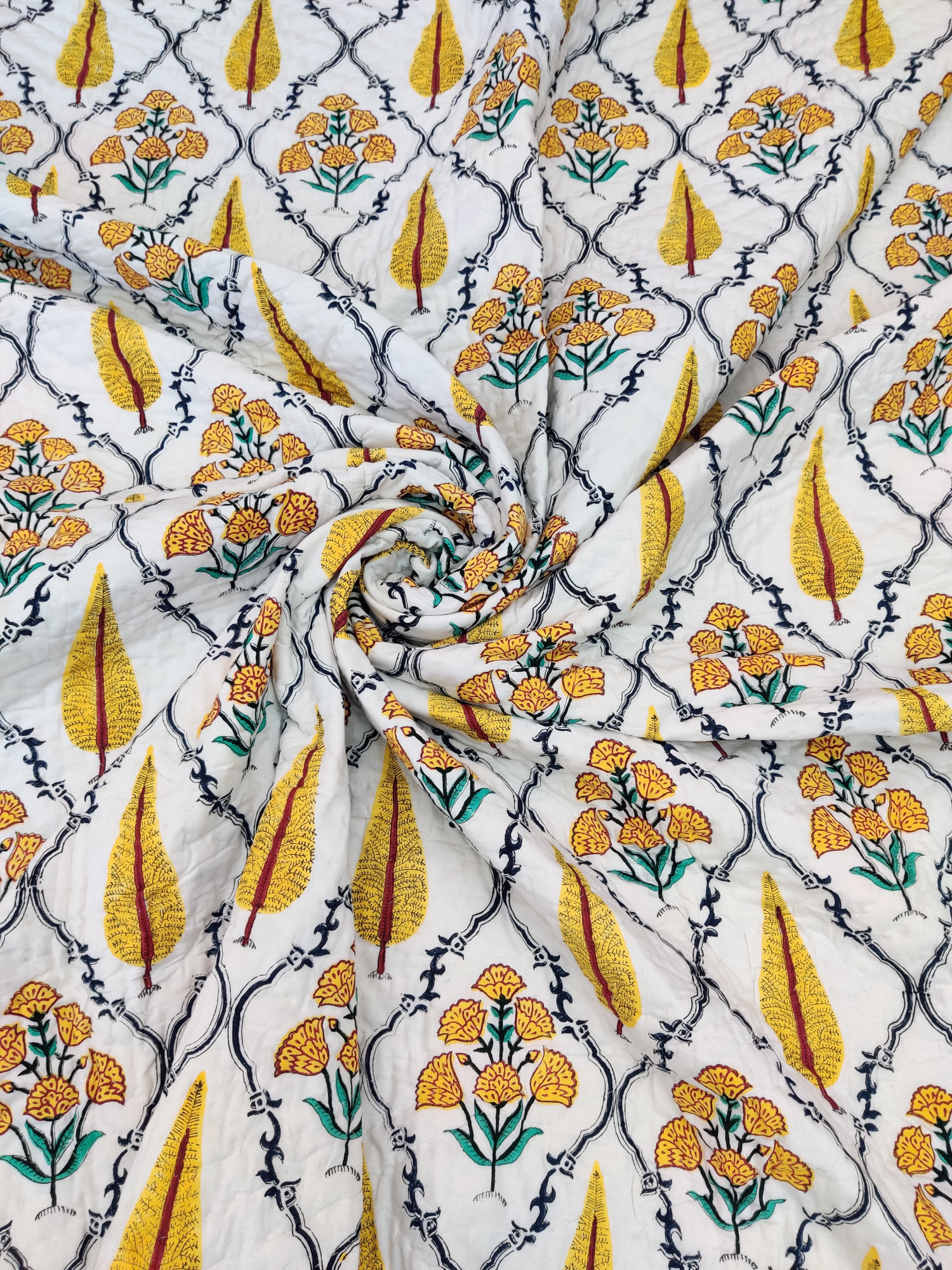 Hand Block Print Mulmul Quilt - Yellow Fern Jaal Soft Jaipuri Razai Double