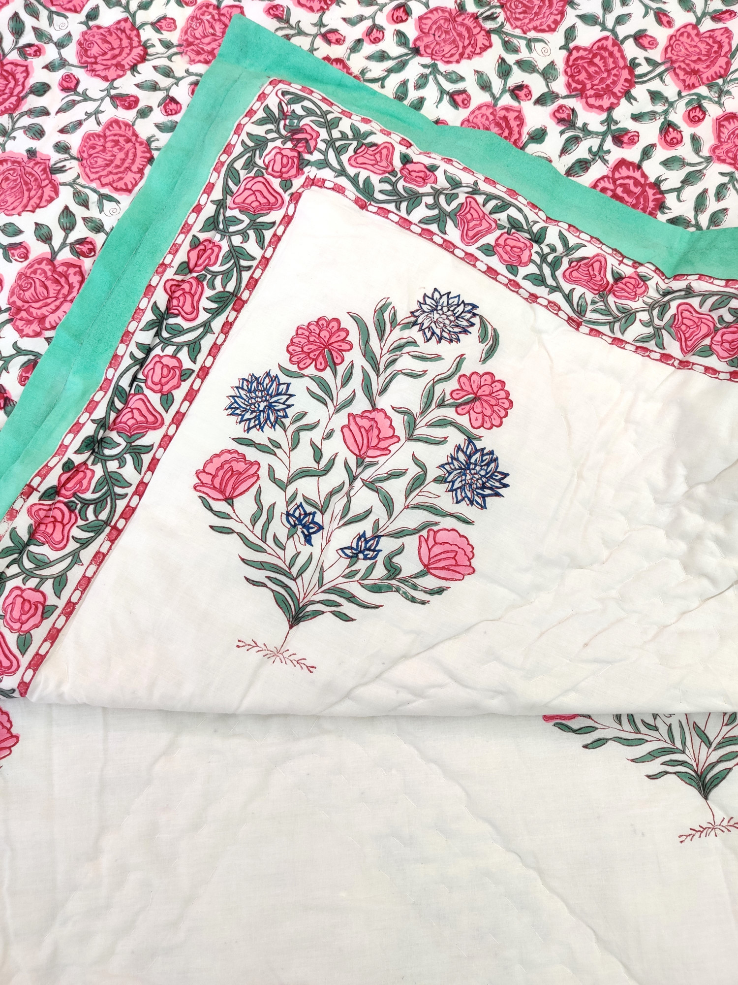 Hand Block Print Mulmul Quilt - Daisy Multicolored Soft Jaipuri Razai Double