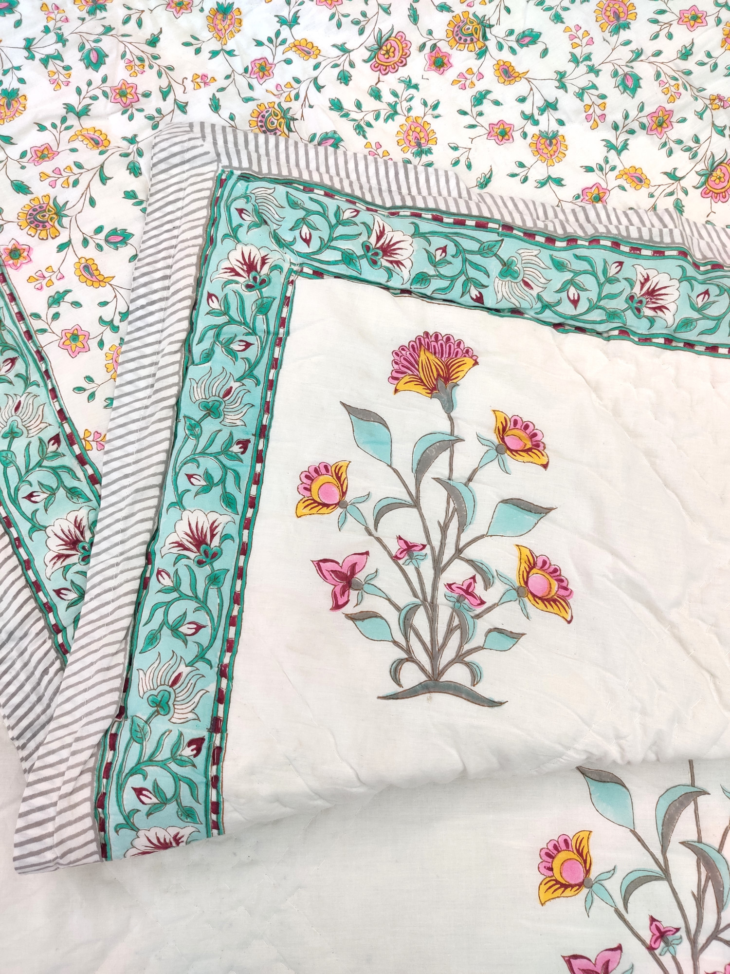 Hand Block Print Mulmul Quilt - Malabar Bloomer Soft Jaipuri Razai Double