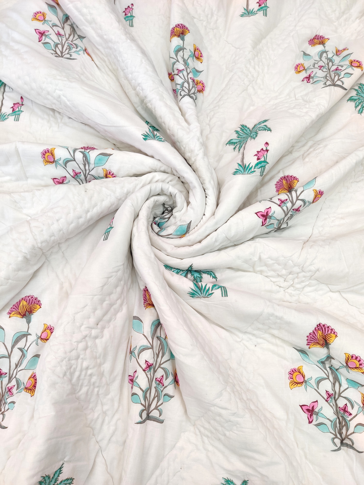 Hand Block Print Mulmul Quilt - Malabar Bloomer Soft Jaipuri Razai Double