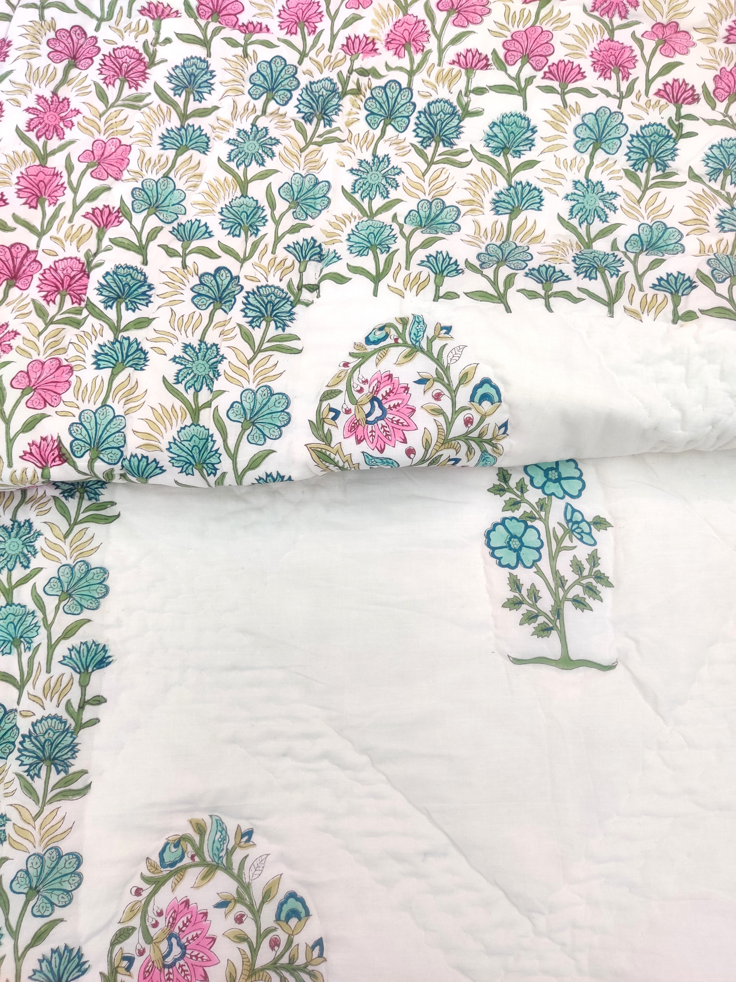 Hand Block Print Mulmul Quilt - Double Border Soft Jaipuri Razai Double