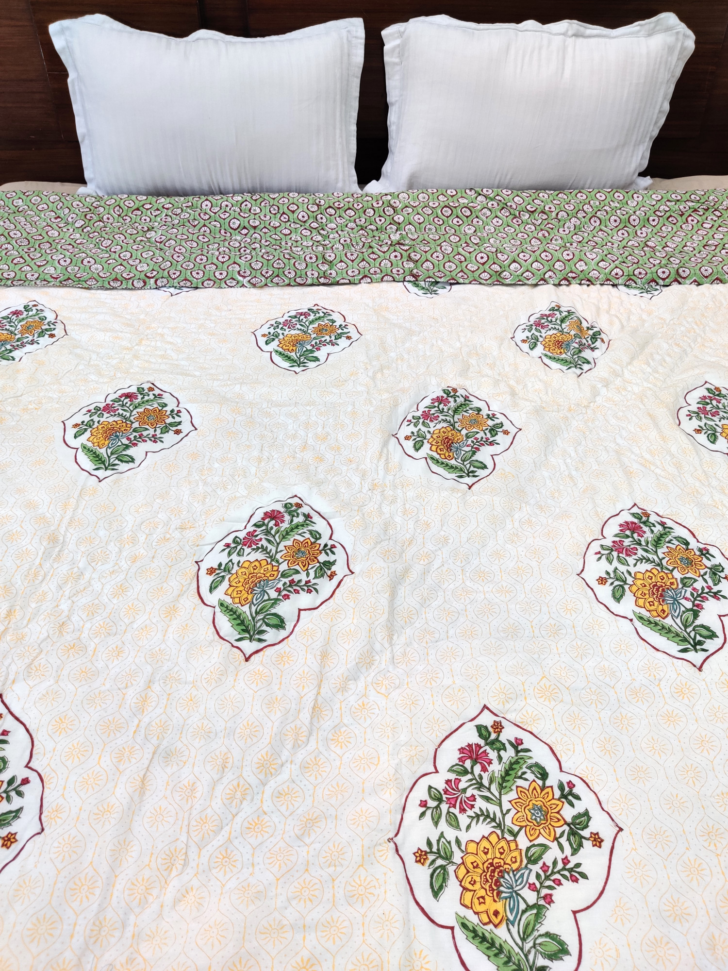 Hand Block Print Mulmul Quilt - Yellow Jaal Soft Jaipuri Razai Double