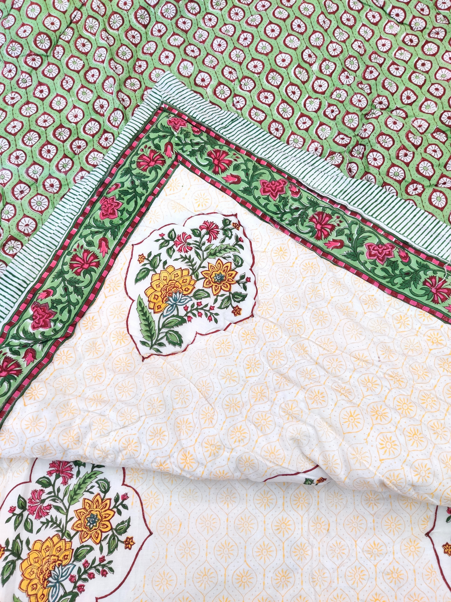 Hand Block Print Mulmul Quilt - Yellow Jaal Soft Jaipuri Razai Double