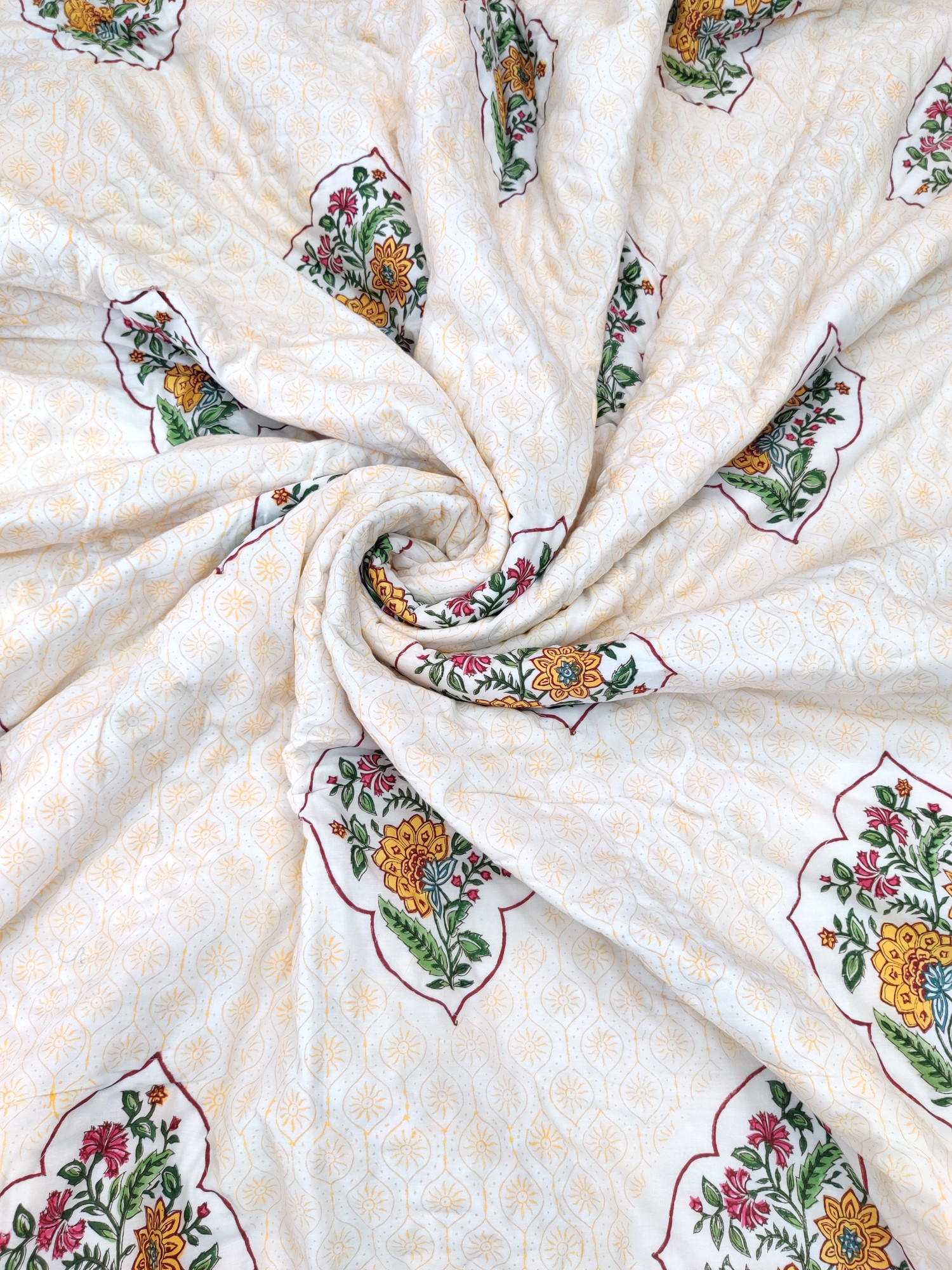 Hand Block Print Mulmul Quilt - Yellow Jaal Soft Jaipuri Razai Double
