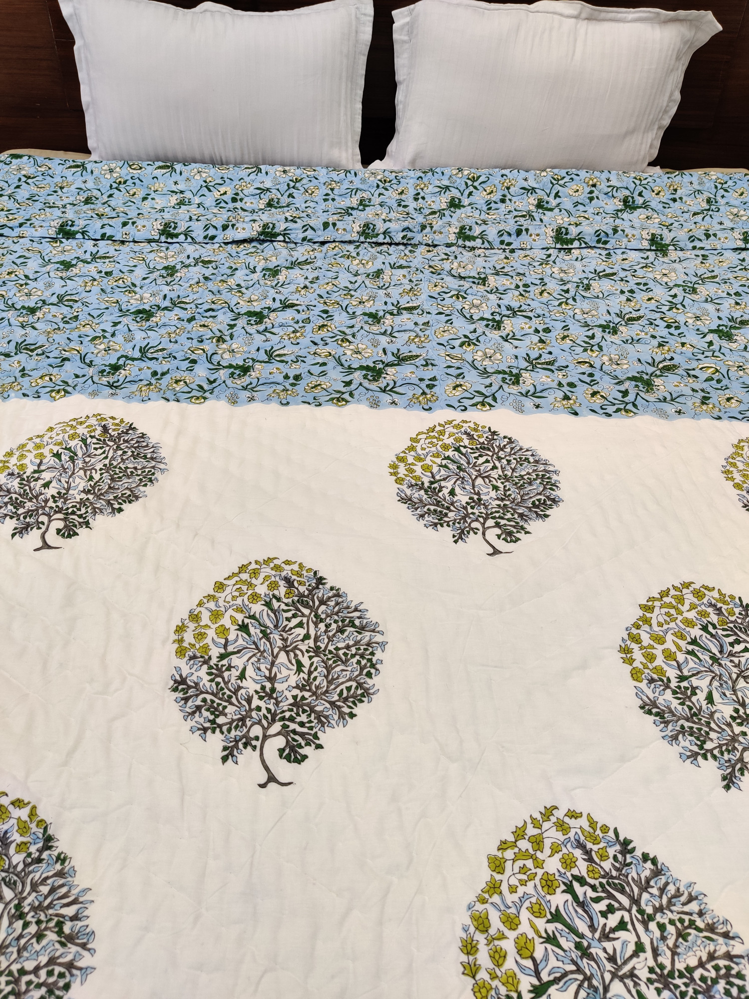 Hand Block Print Mulmul Quilt - Blue Double Block Soft Jaipuri Razai Double