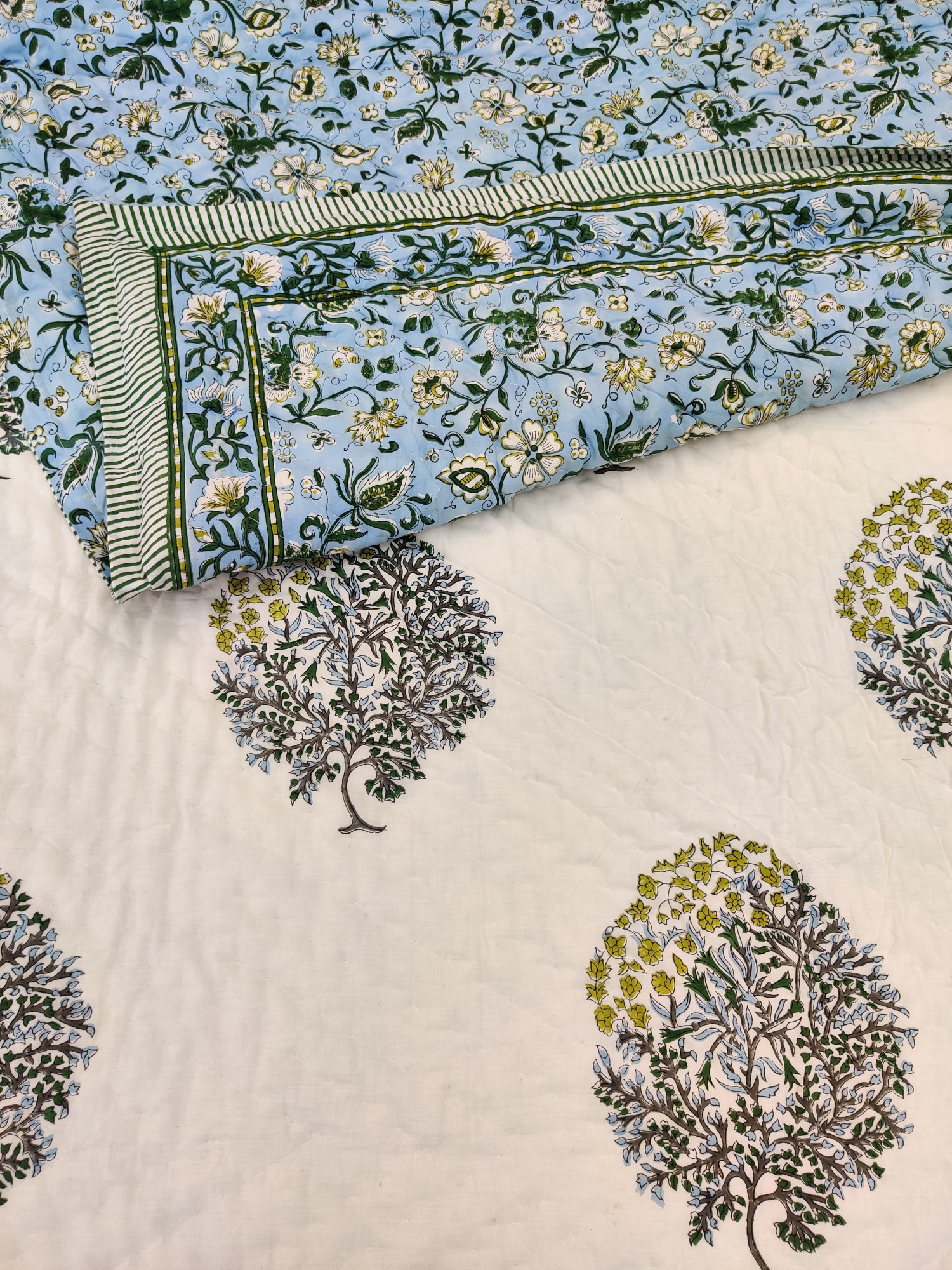 Hand Block Print Mulmul Quilt - Blue Double Block Soft Jaipuri Razai Double
