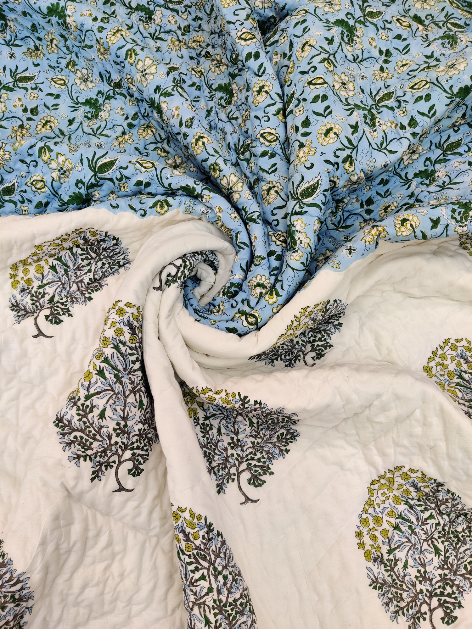 Hand Block Print Mulmul Quilt - Blue Double Block Soft Jaipuri Razai Double