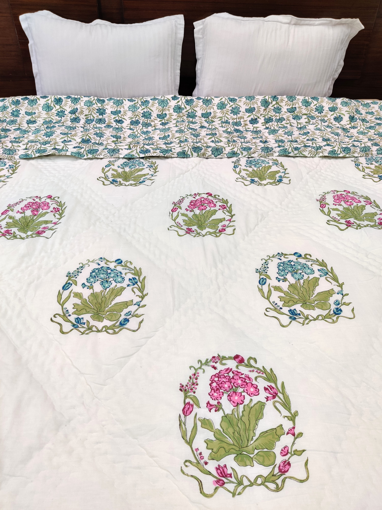 Hand Block Print Mulmul Quilt - Aqua Multiblock Soft Jaipuri Razai Double